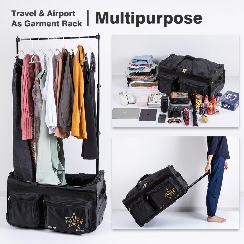 Demonstrates the product's versatility by showing multiple use cases: as a rolling garment rack for travel, as a storage solution for organized packing, and as a wheeled luggage for easy transport.