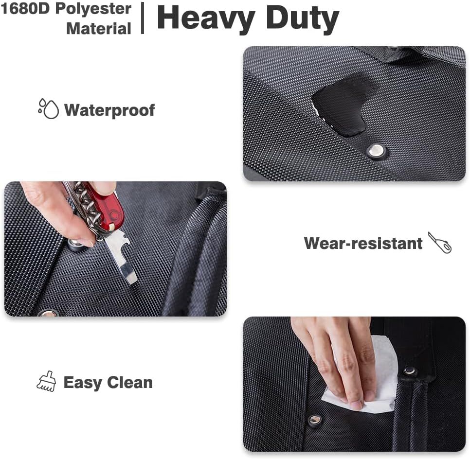 Communicates multiple key benefits of the 1680D polyester material including durability, waterproofing, wear resistance, and easy maintenance to reassure shoppers of the product's quality and…