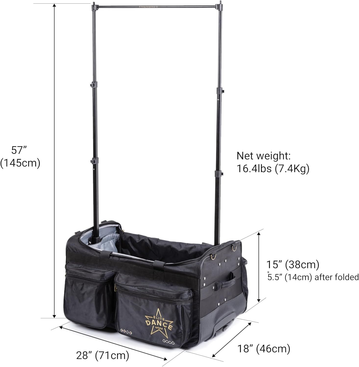 Communicates the exact physical dimensions and weight of the dance bag with garment rack to help shoppers understand if it will fit their needs and storage space.