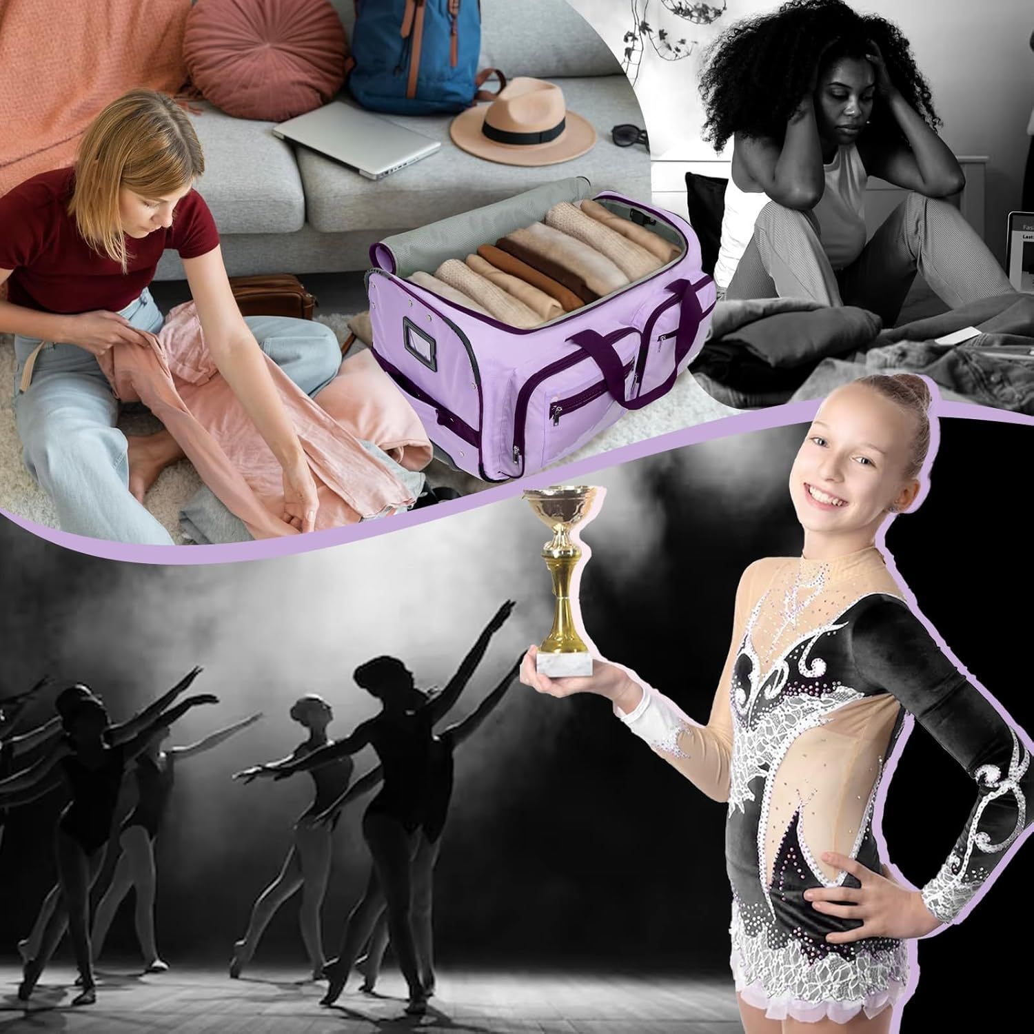 Demonstrates the versatility of the purple duffel bag across multiple scenarios including travel packing, dance competitions, and practice sessions, showing it meets the needs of dancers and their…