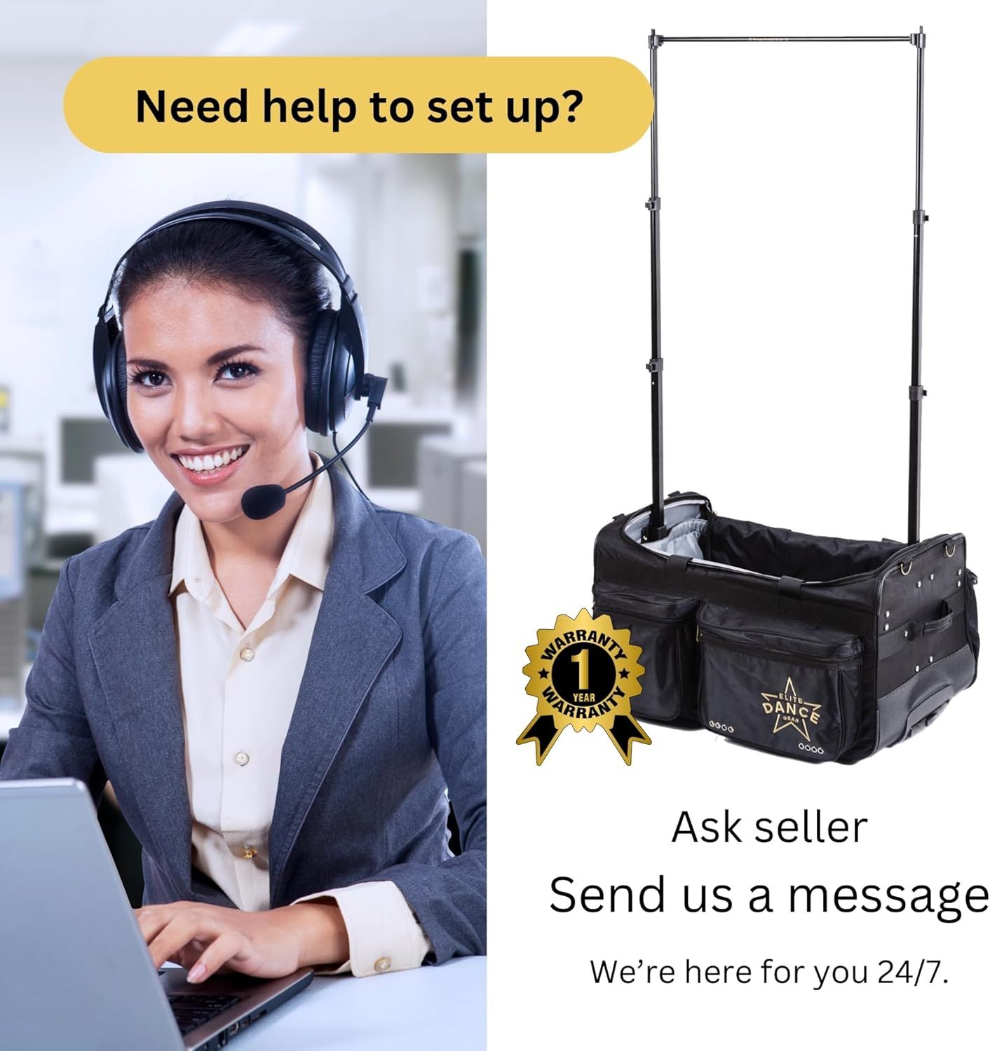 Reassures shoppers that help is available for product setup and encourages them to contact the seller for 24/7 support.
