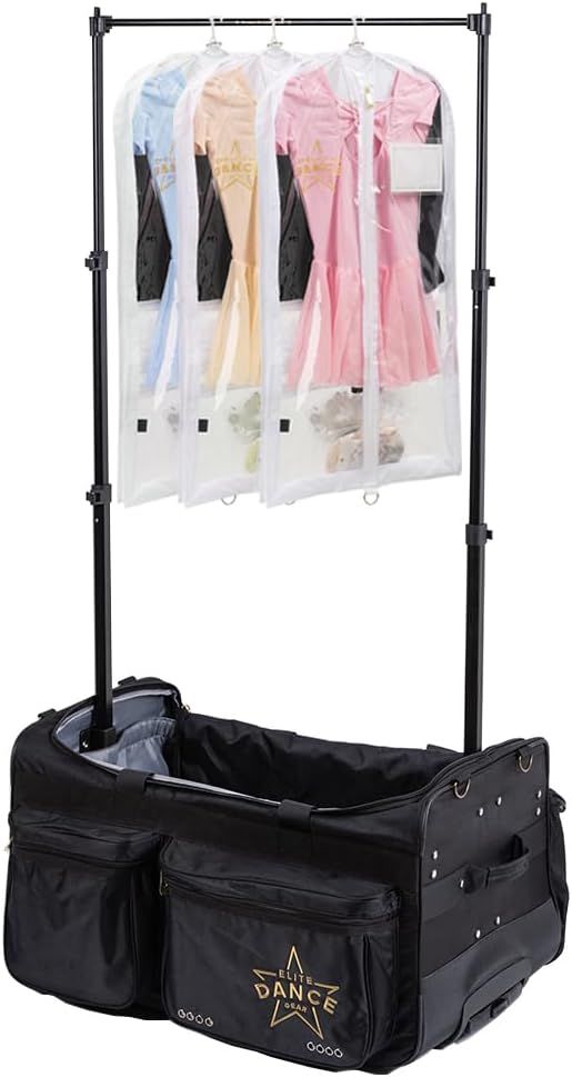 Shows the complete package the customer receives, including the rolling dance bag with garment rack and protective garment covers, demonstrating the all-in-one storage and transport solution.
