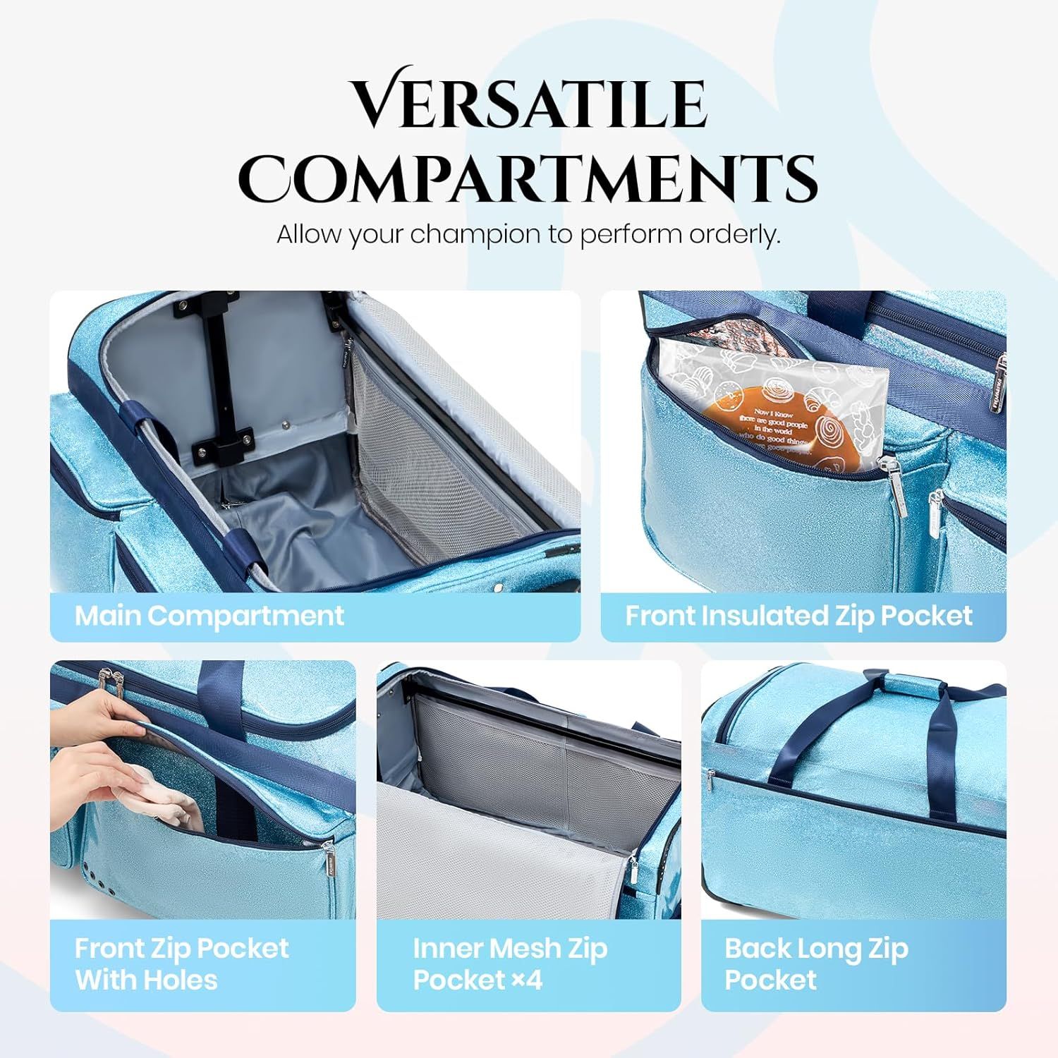 This image breaks down the bag's physical compartments and storage zones to help shoppers understand the organizational structure and storage options available.