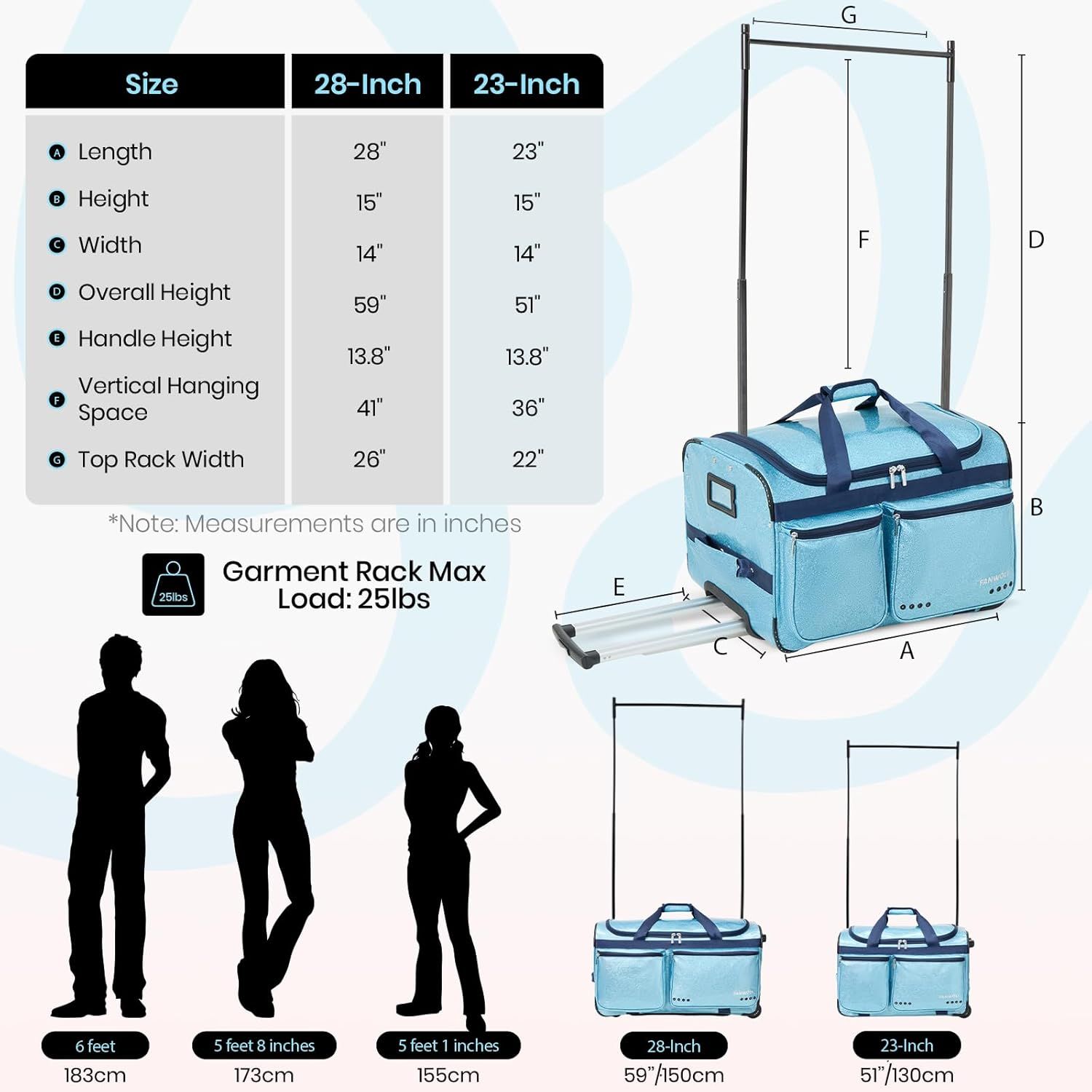 Provides detailed dimensional measurements for two product sizes (28-inch and 23-inch) and uses human silhouettes for scale reference to help shoppers understand the physical size and choose the…