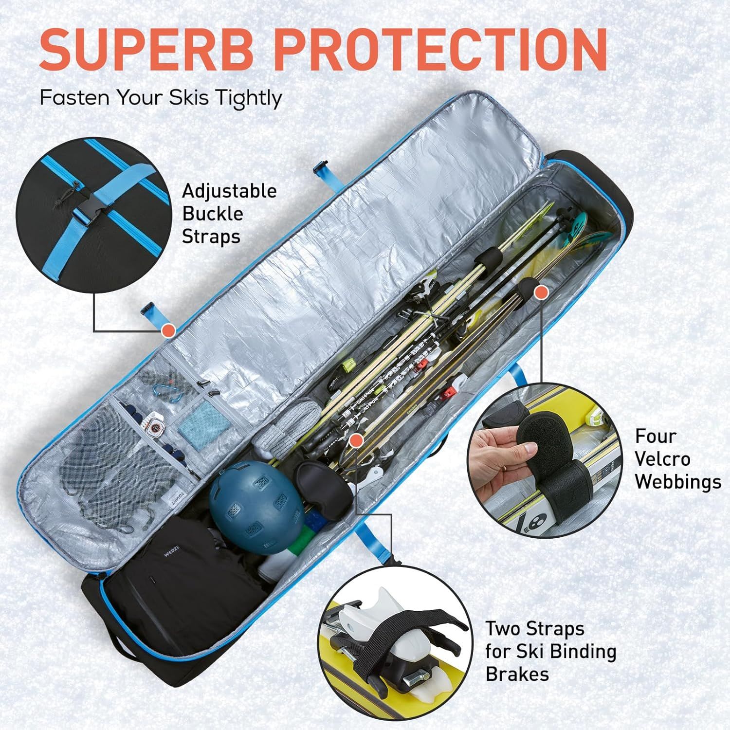 This image breaks down the ski bag's protective features by highlighting specific physical components with callout circles and labels, showing shoppers how the product securely fastens and protects…