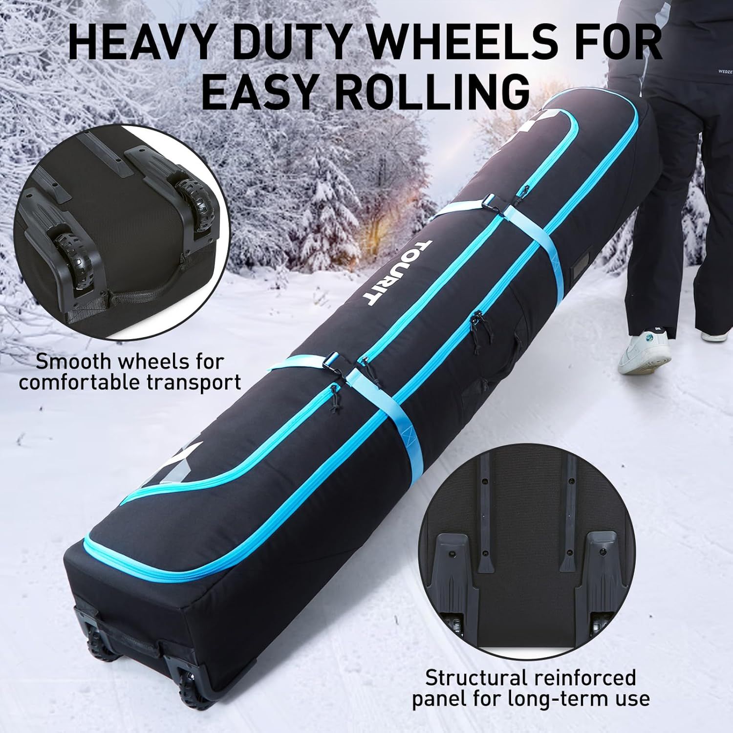 Highlights the key structural components of the snowboard bag—heavy duty wheels for easy rolling and a reinforced panel for durability—to reassure shoppers that the product is built for reliable,…