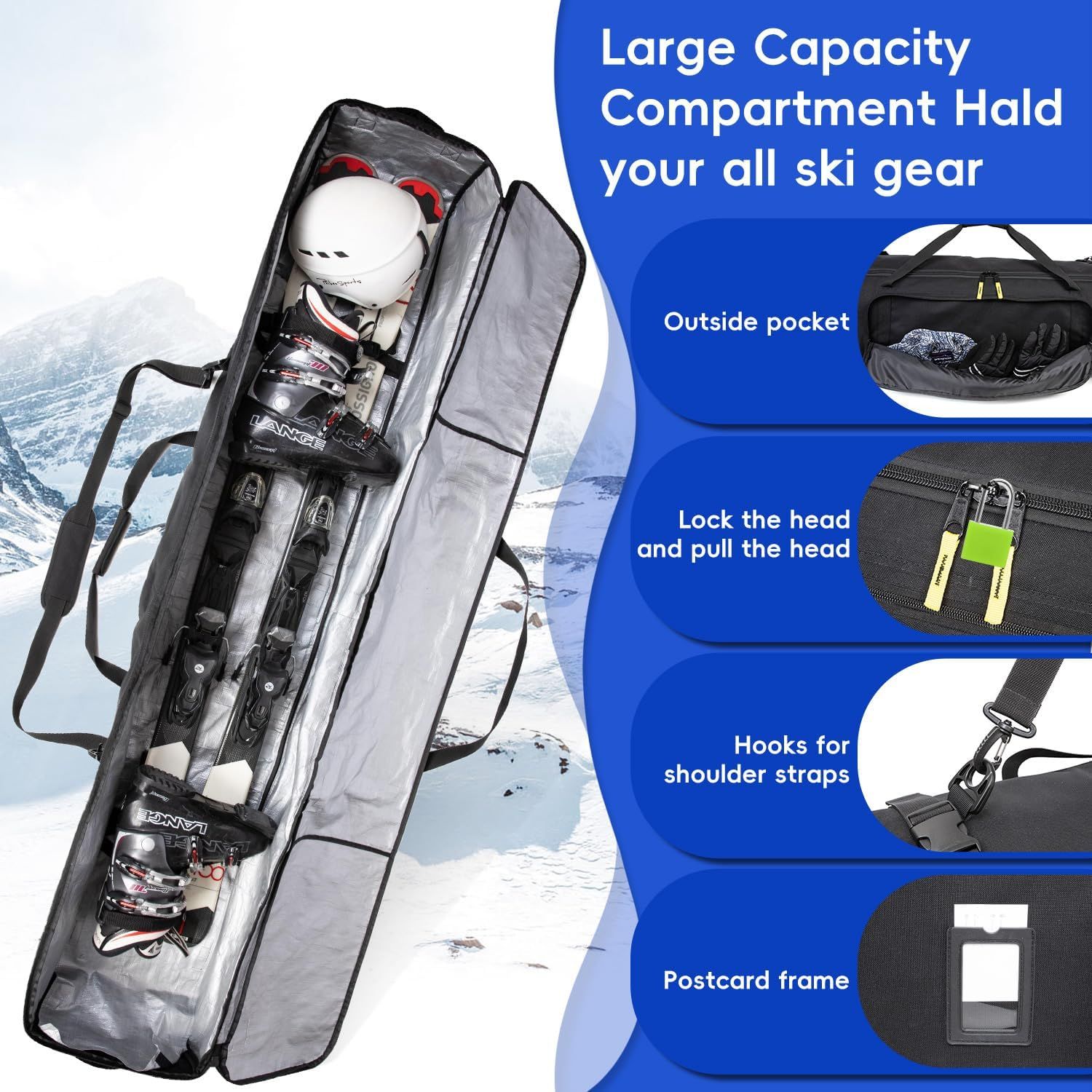 Showcases multiple distinct features of the ski gear bag in a segmented layout to communicate its versatility, storage capacity, security, and convenience for ski enthusiasts.