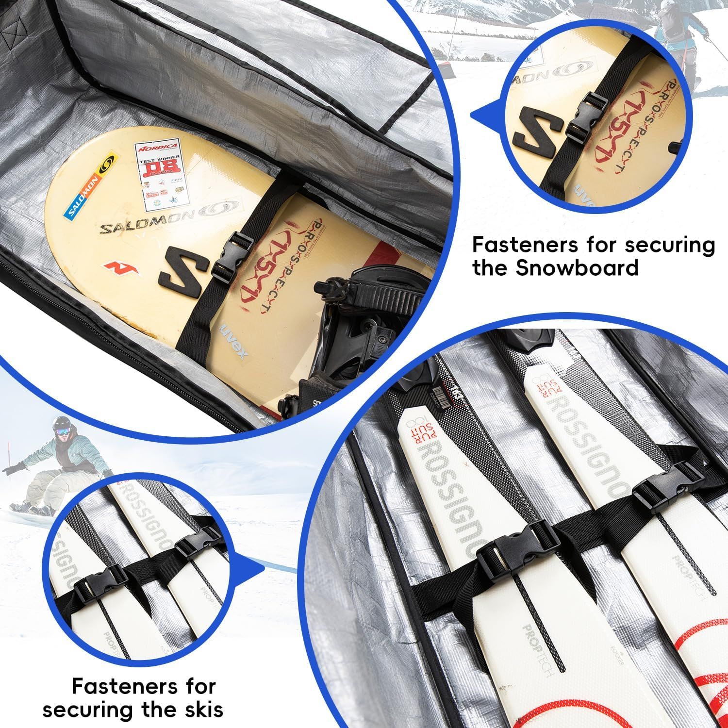 Highlights the internal fastening system of the bag, showing shoppers how the product securely holds snowboards and skis in place during transport.