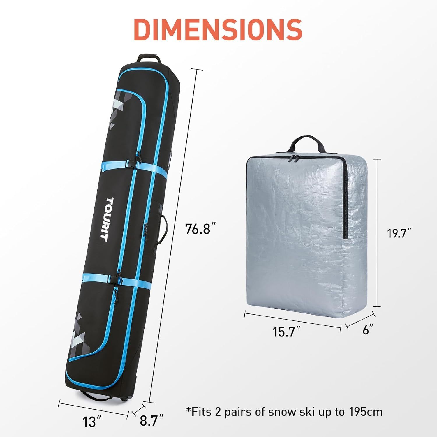 Communicates the exact physical dimensions of both the ski bag and storage bag, and reassures shoppers about capacity by stating it fits 2 pairs of snow skis up to 195cm.