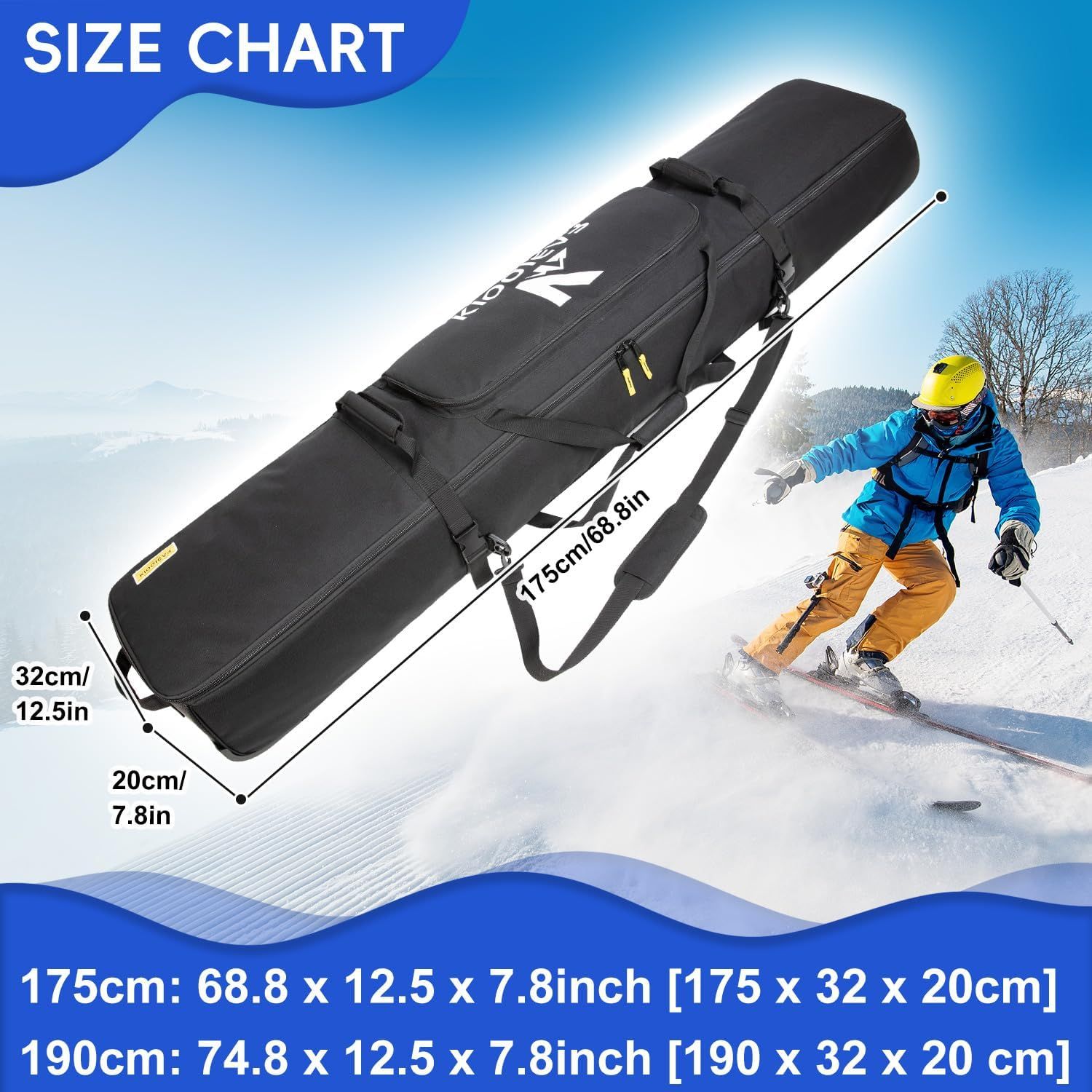 Communicates the exact physical dimensions of the ski bag in both metric and imperial units, helping shoppers understand if it will fit their equipment and storage needs.
