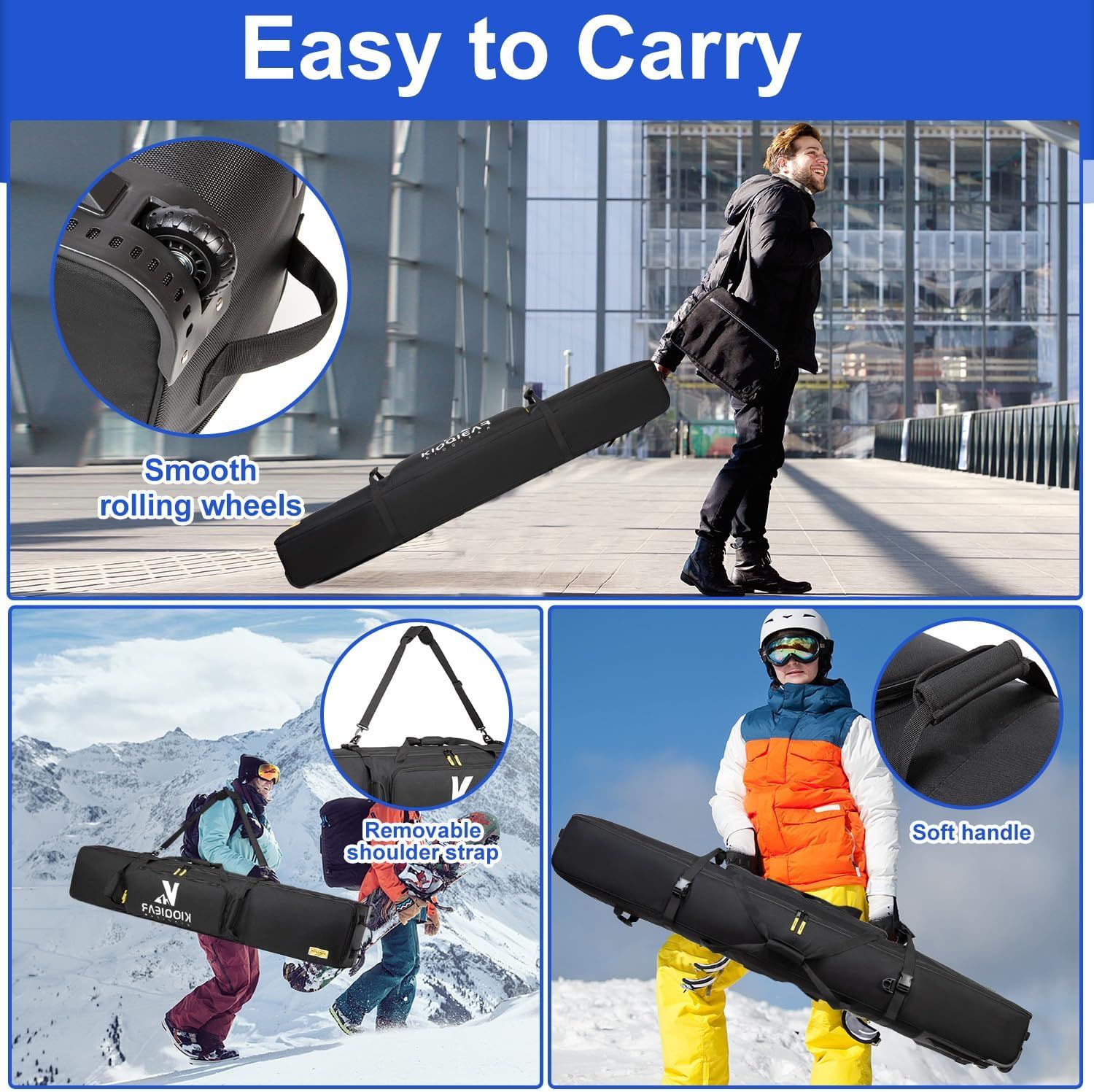 Highlights the portability features of the snowboard bag, showing smooth rolling wheels, removable shoulder strap, and soft handle to reassure shoppers that the product is easy to transport in…