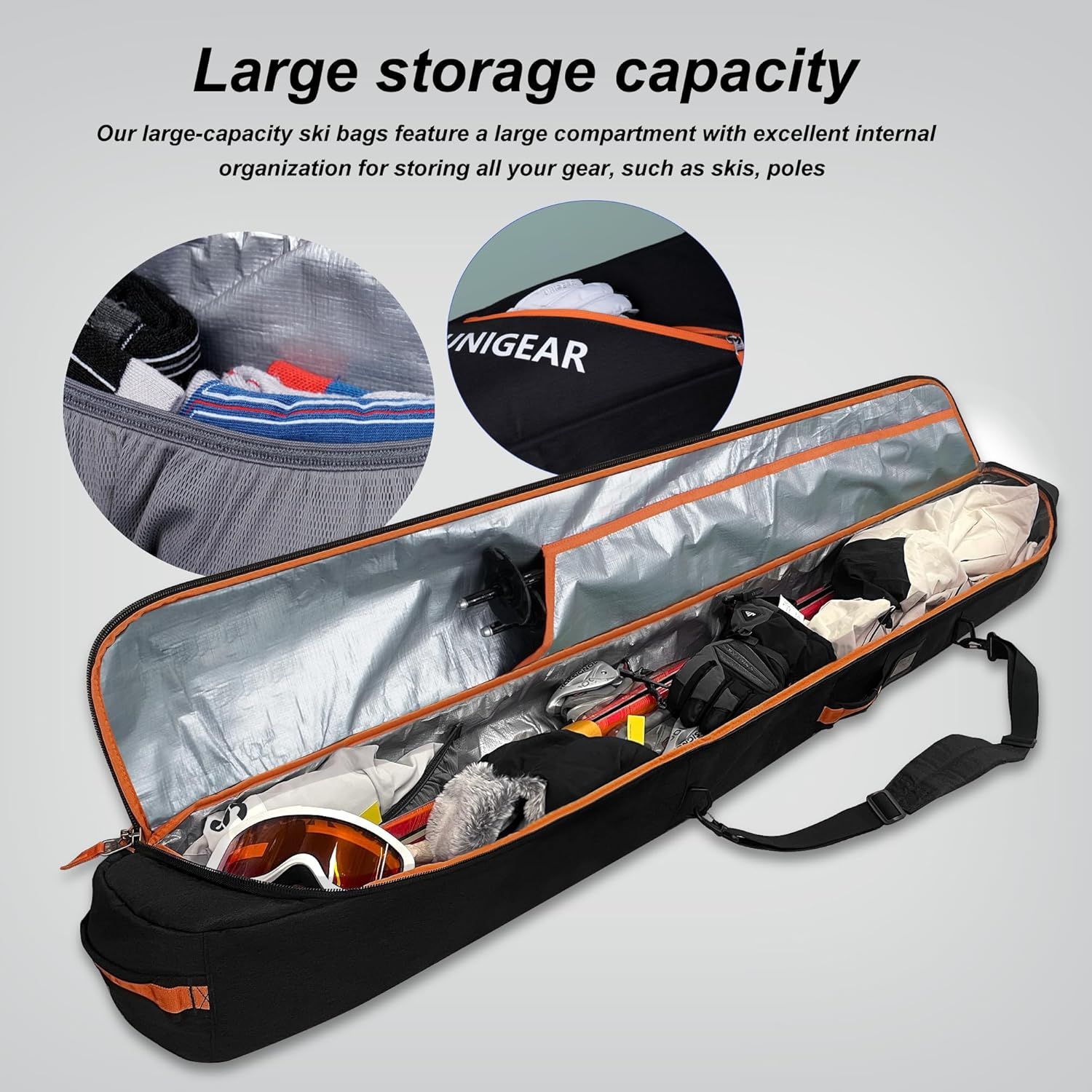 Communicates the ski bag's spacious storage capacity and excellent internal organization, reassuring shoppers they can fit all their ski gear in one convenient bag.
