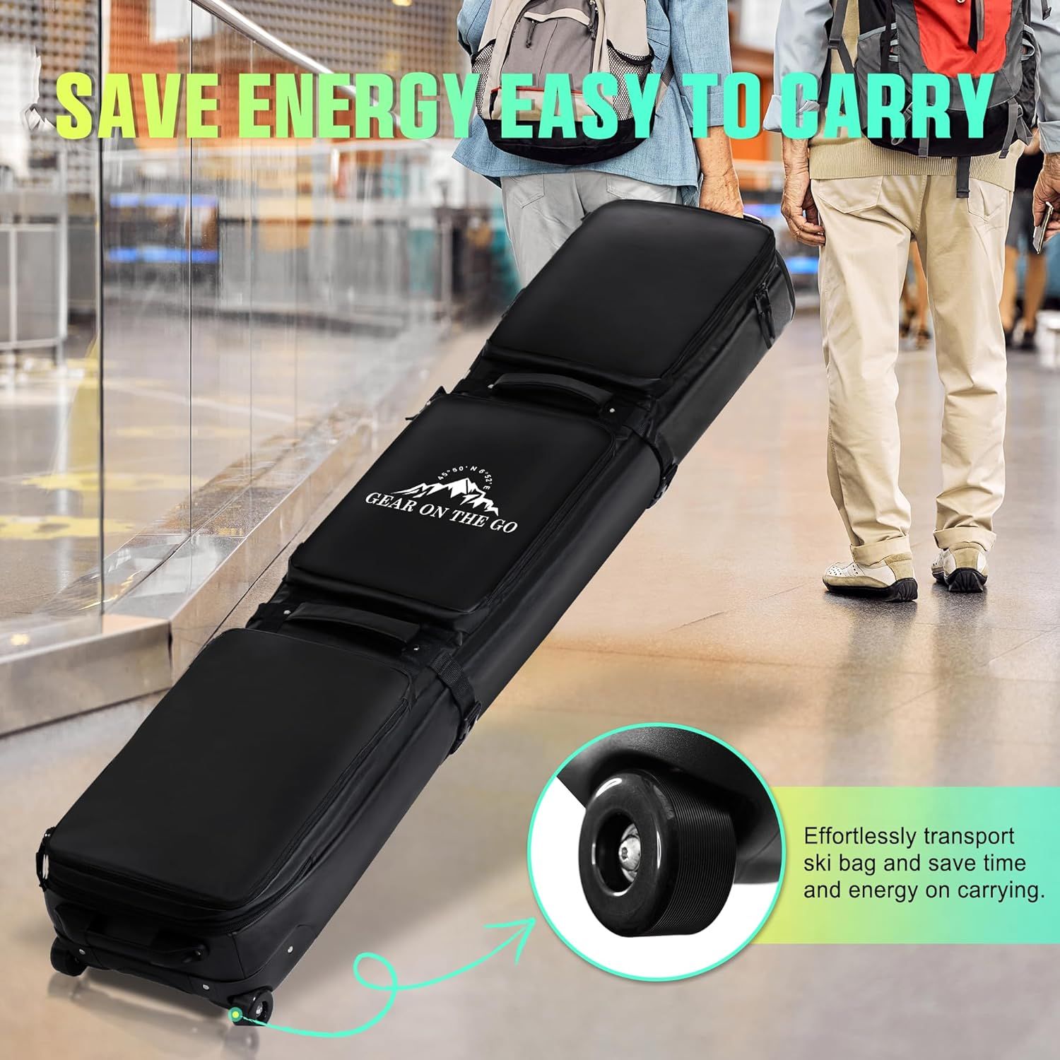 Highlights the wheeled feature of the ski bag with a zoomed-in callout to show shoppers how the product enables easy transport and saves energy when carrying. Communicates the primary benefit of…