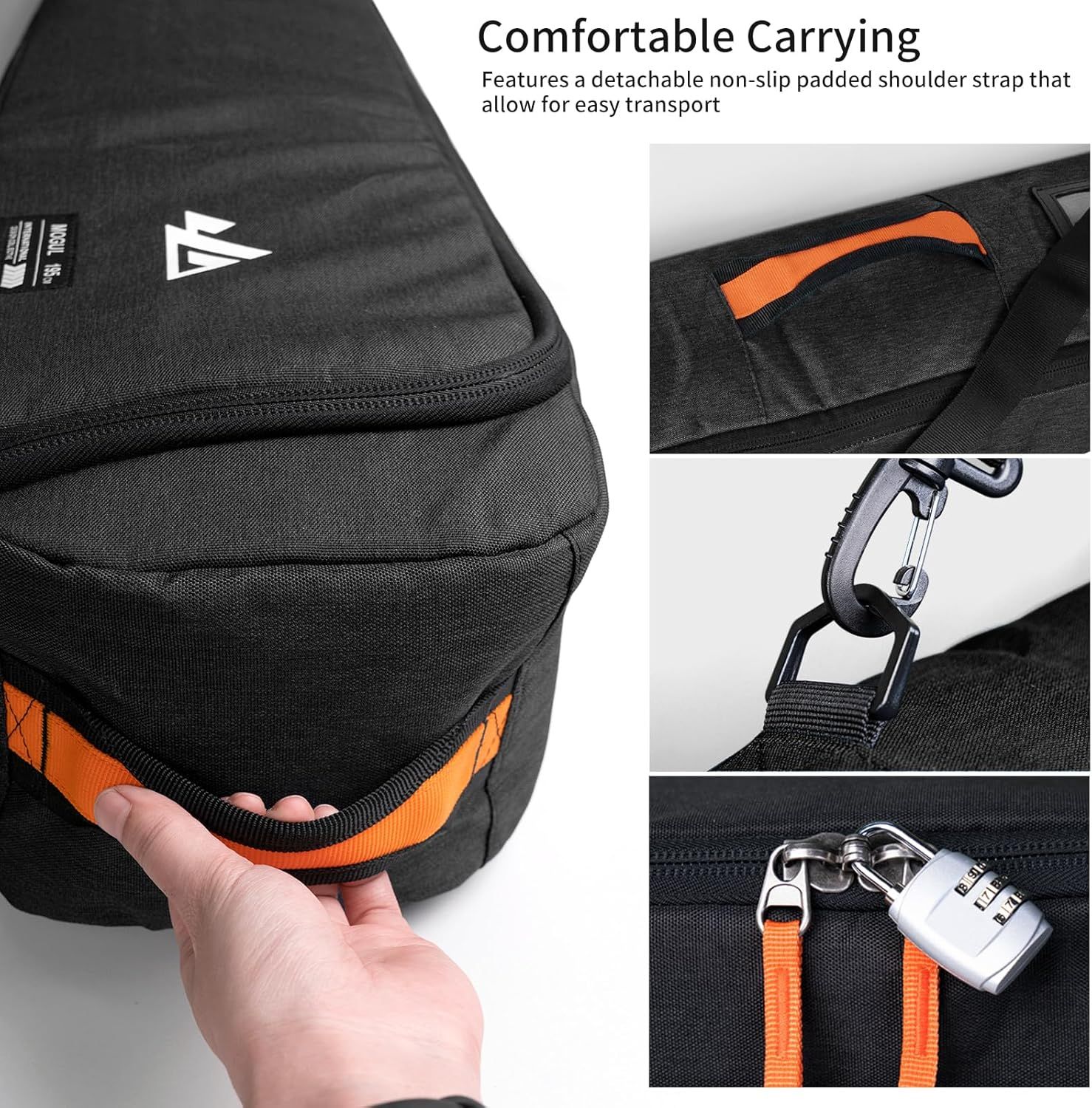 This image breaks down the carrying features of the bag by highlighting specific physical components—the padded shoulder strap, attachment clips, and lock zipper pulls—to show shoppers how the…