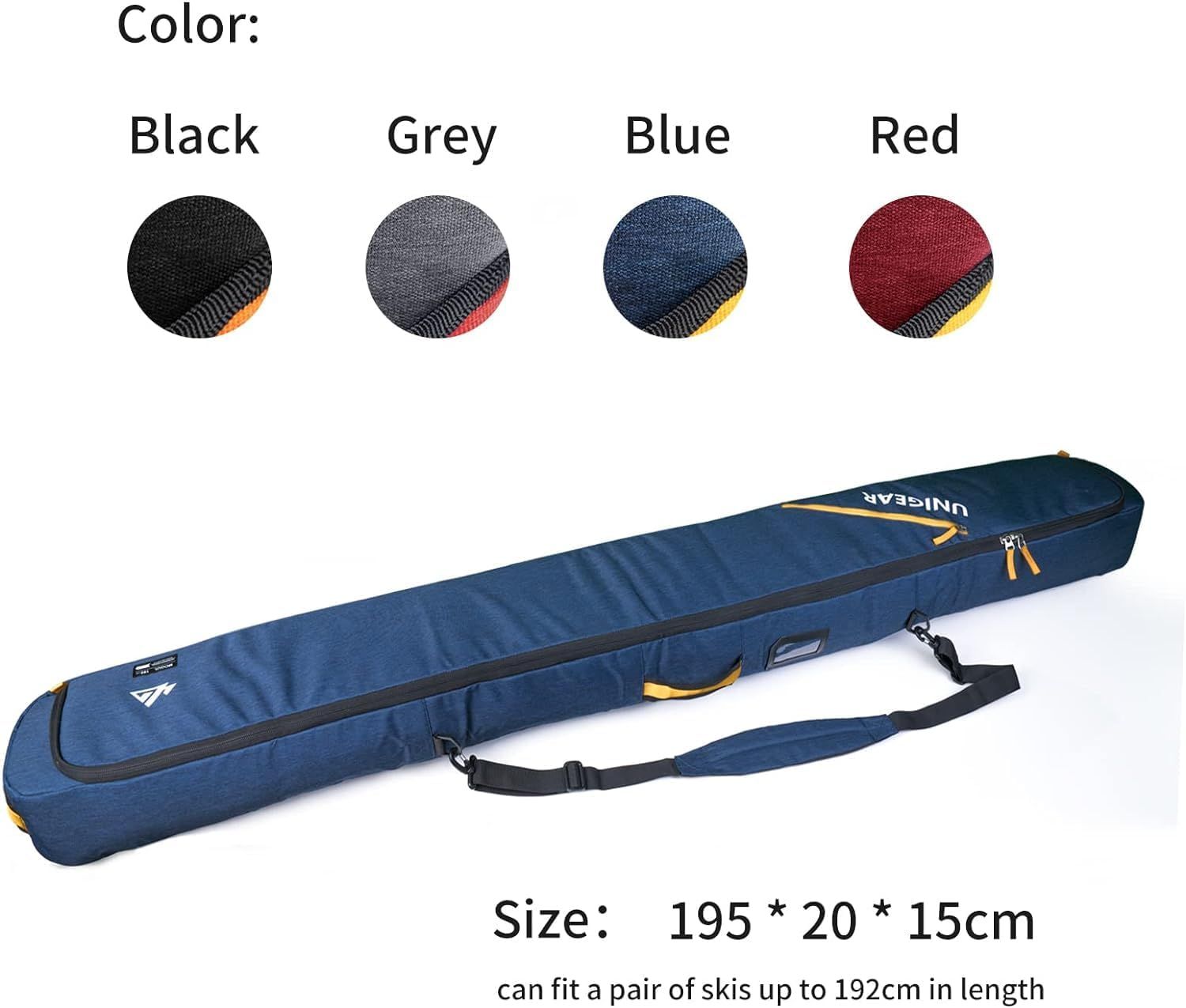 Displays the available color variants of the ski bag to help shoppers choose their preferred option and understand the full product lineup. Communicates the physical dimensions of the ski bag and…