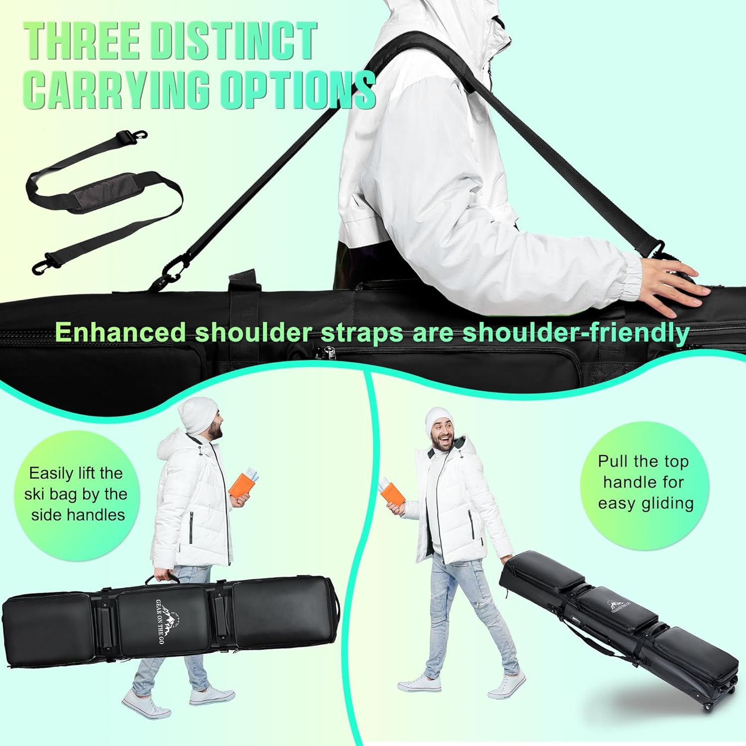 Demonstrates three distinct ways to carry the ski bag (shoulder strap, side handles, and wheeled rolling) to show versatility and convenience for different travel scenarios. Instructs shoppers on…