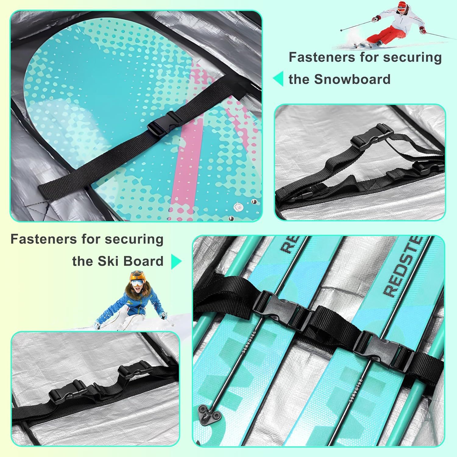 Demonstrates the multiple use cases of the fastener straps by showing how they can secure both snowboards and ski boards, reassuring shoppers of the product's versatility for different winter sports…