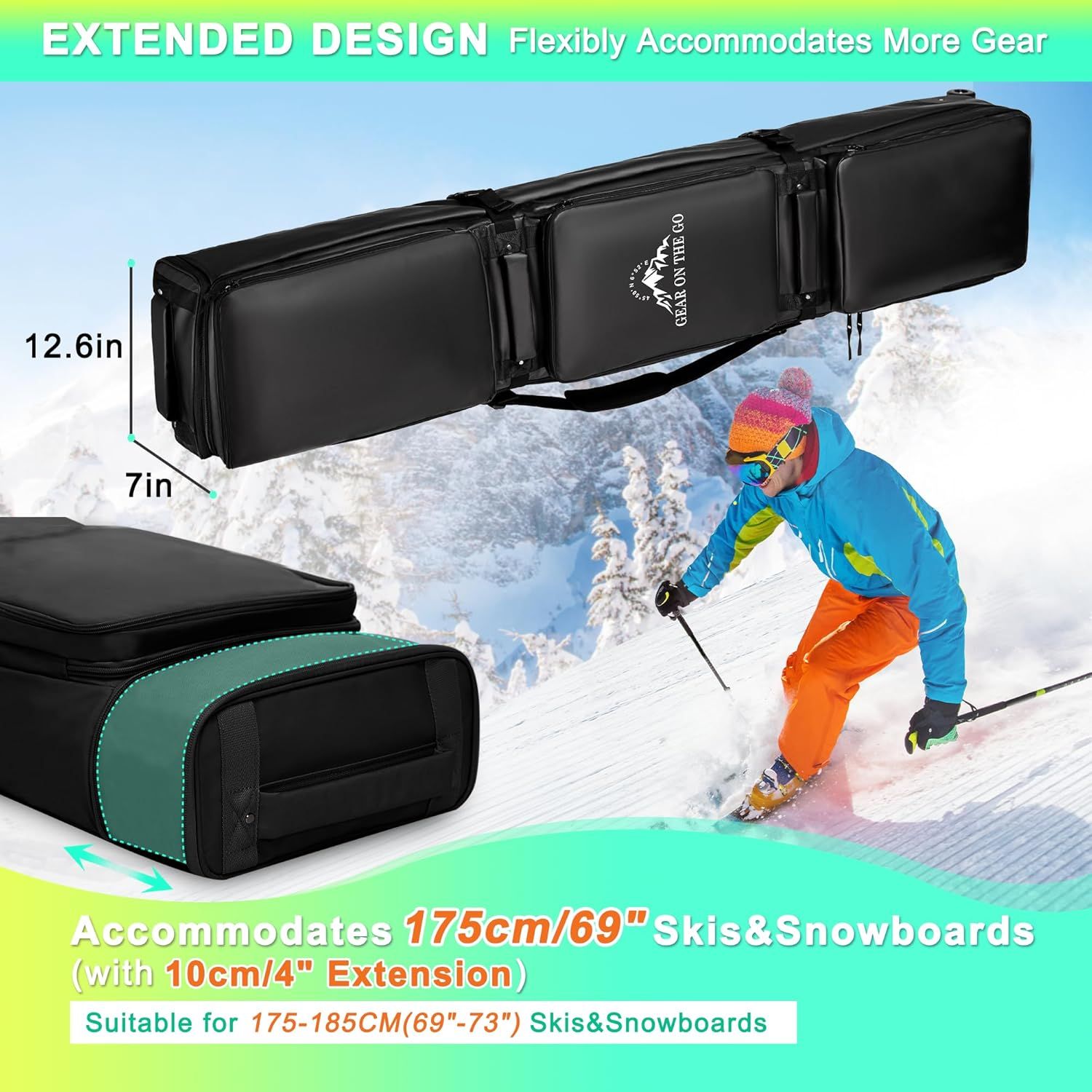 Communicates the physical dimensions of the ski/snowboard bag (12.6in x 7in) and its capacity to accommodate 175-185cm (69-73 inch) skis and snowboards with a 10cm/4 inch extension, reassuring…