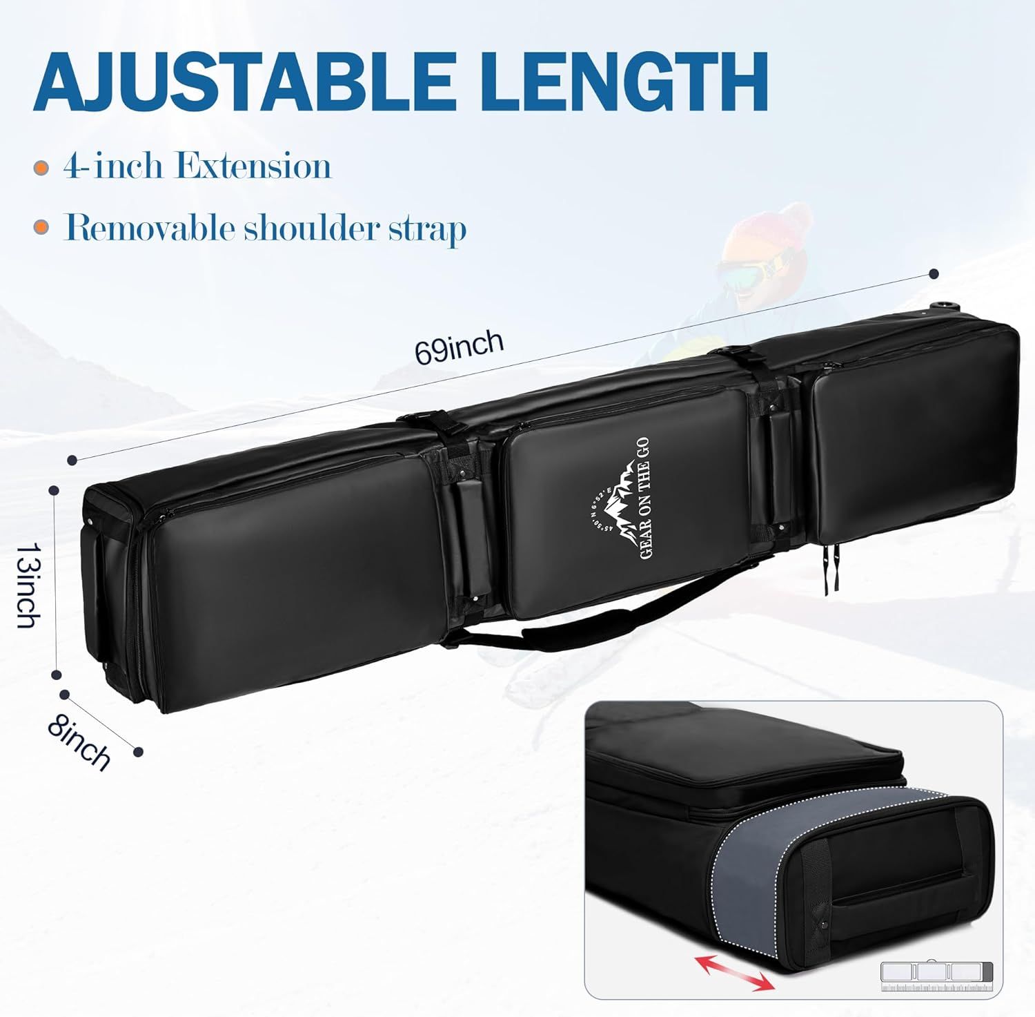 Communicates the physical dimensions of the product (69 inches length, 13 inches height, 8 inches width) and highlights the adjustable length feature with 4-inch extension and removable shoulder…