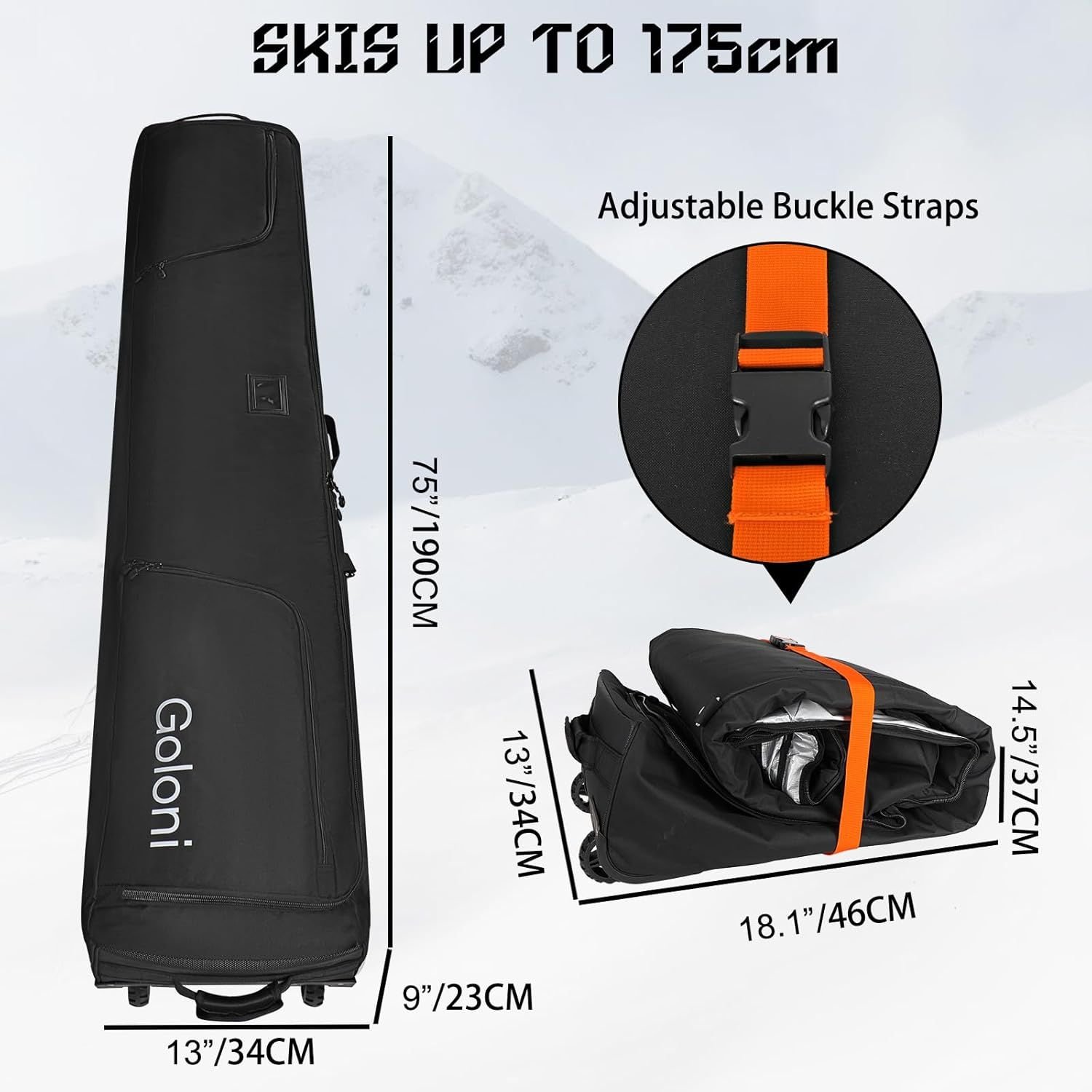 Communicates the exact physical dimensions of the ski bag (height, width, depth) and its capacity to fit skis up to 175cm, helping shoppers determine if it will fit their equipment. Highlights…