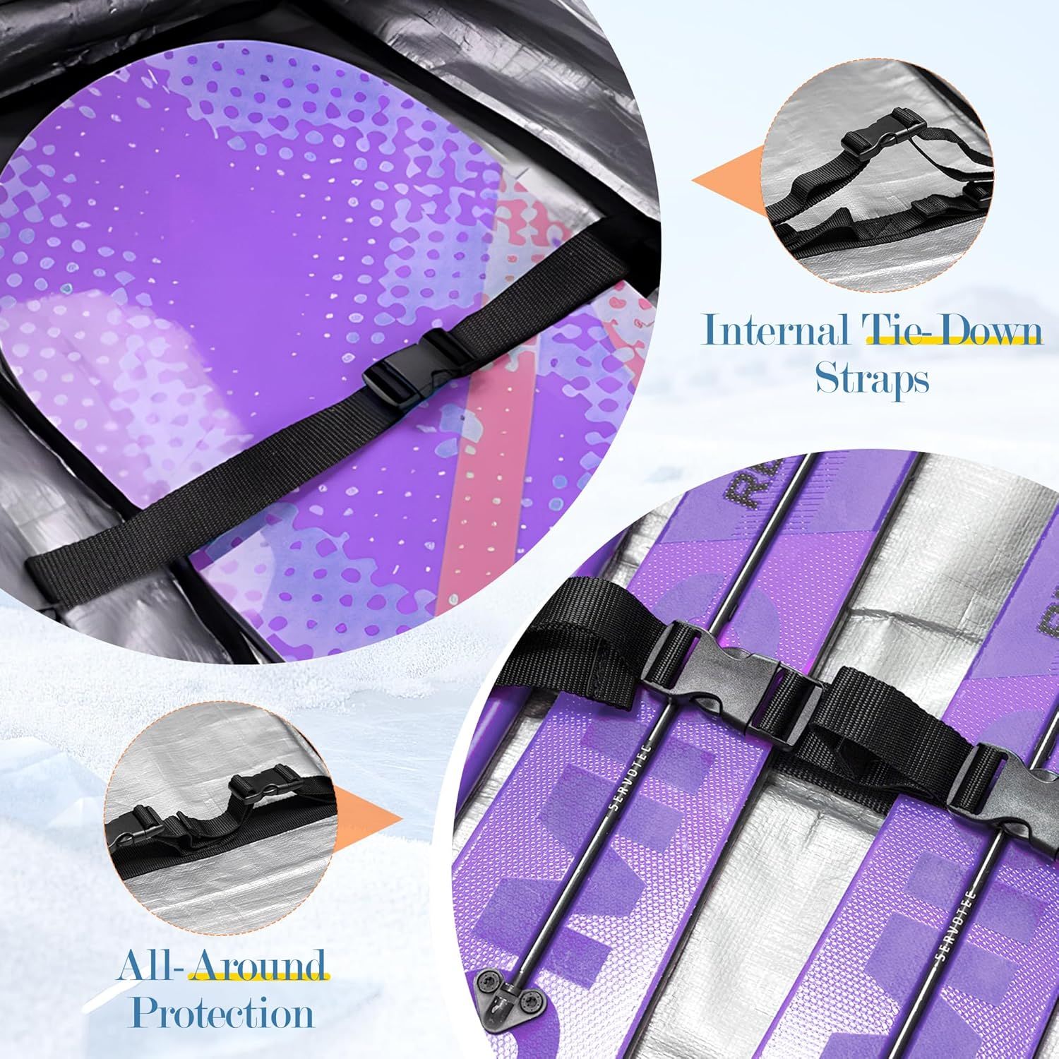 Highlights the internal tie-down strap system and protective construction to reassure shoppers that the product securely holds contents and provides comprehensive protection.
