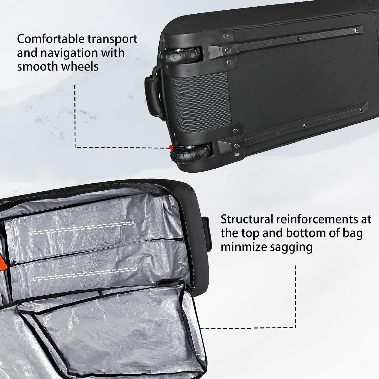 Highlights specific physical components of the luggage — the smooth wheels for easy transport and the structural reinforcements that prevent sagging — to help shoppers understand the product's…