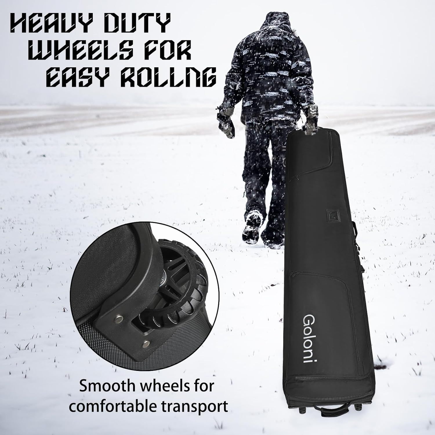Highlights the heavy-duty wheel mechanism with a zoomed-in callout to show the physical component that enables easy rolling and comfortable transport. Communicates the benefit of smooth, easy…