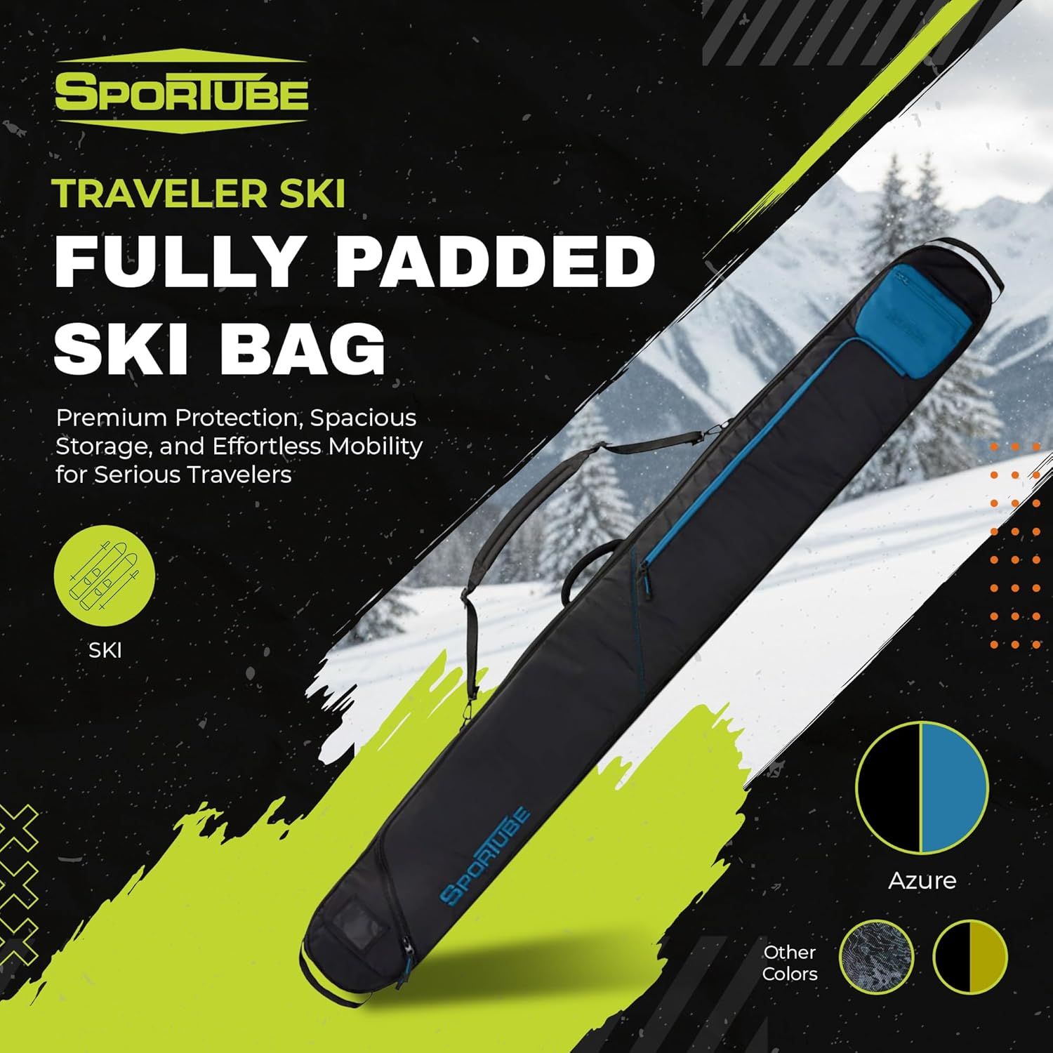 Communicates multiple key benefits of the ski bag including premium padding for protection, spacious storage capacity, easy portability, and available color choices to appeal to serious travelers.