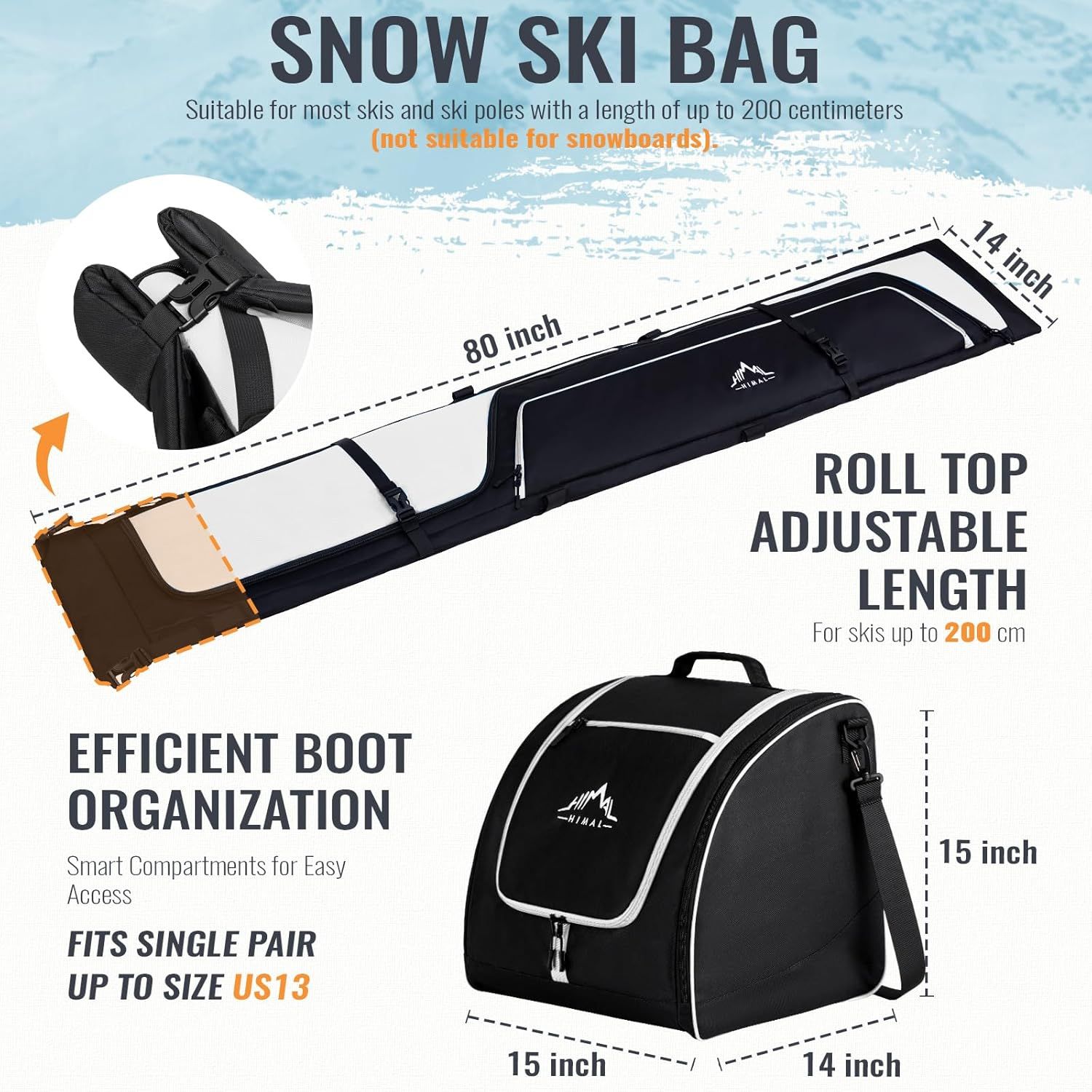 Communicates the physical dimensions of the ski bag and boot bag, and the maximum ski length capacity (200 cm) to help shoppers determine if the product fits their equipment. Highlights multiple…