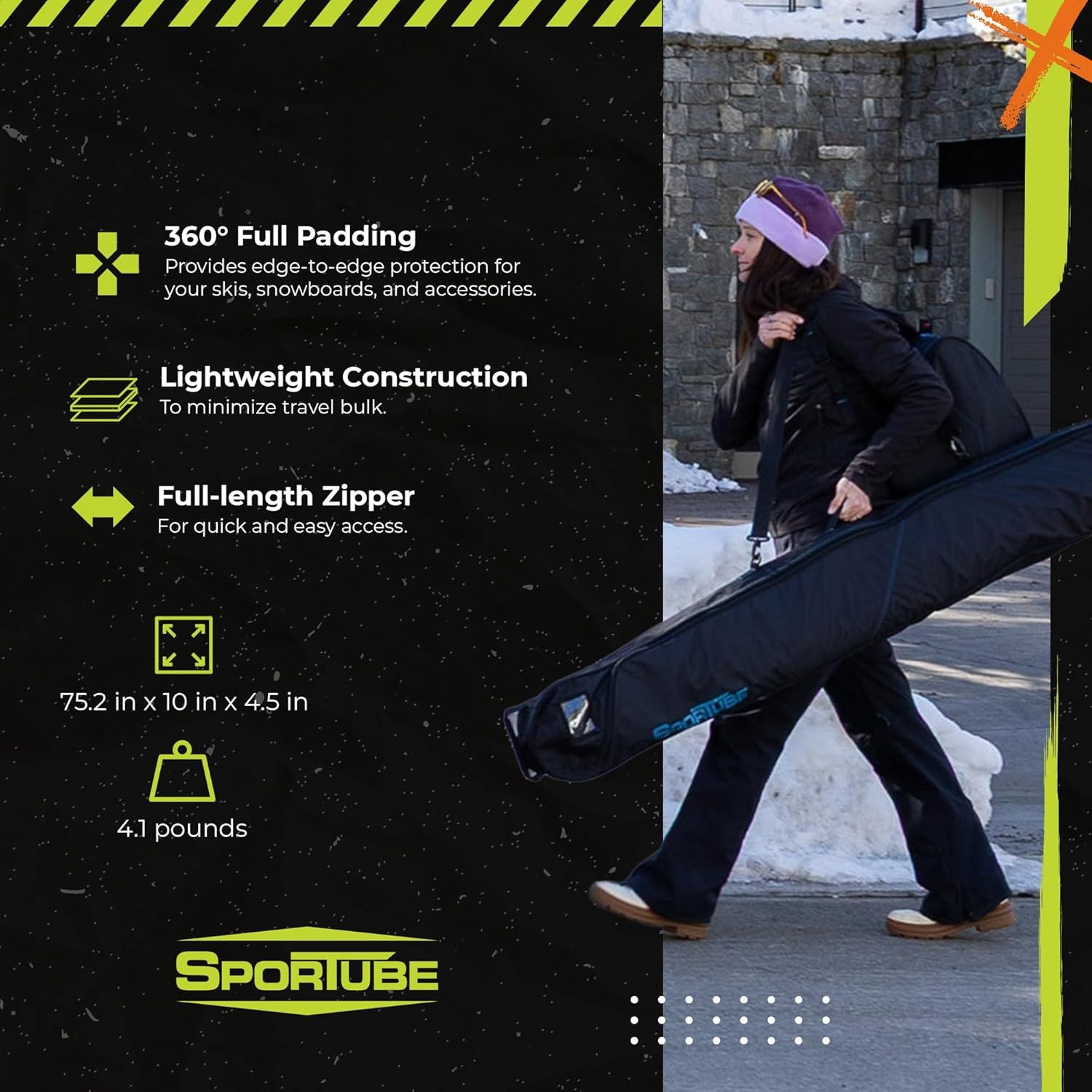 Communicates multiple key benefits of the ski/snowboard bag including protective padding, lightweight portability, and easy access, reassuring shoppers of its comprehensive functionality.