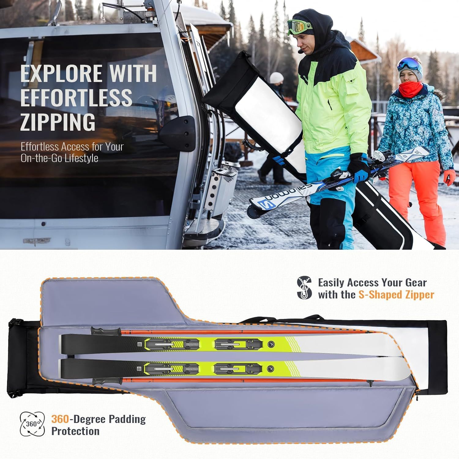 Communicates multiple distinct benefits of the ski bag: easy access via effortless zipping, convenient S-shaped zipper design, and comprehensive 360-degree padding protection for gear safety.