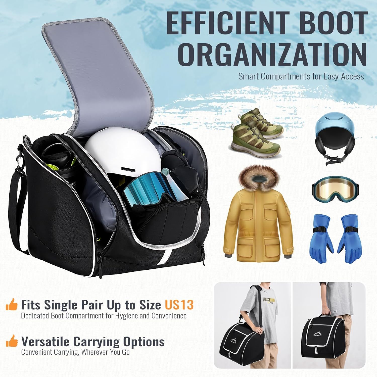 Communicates multiple distinct benefits of the boot bag: smart compartmentalization for gear, size capacity, and flexible carrying methods to appeal to winter sports enthusiasts.