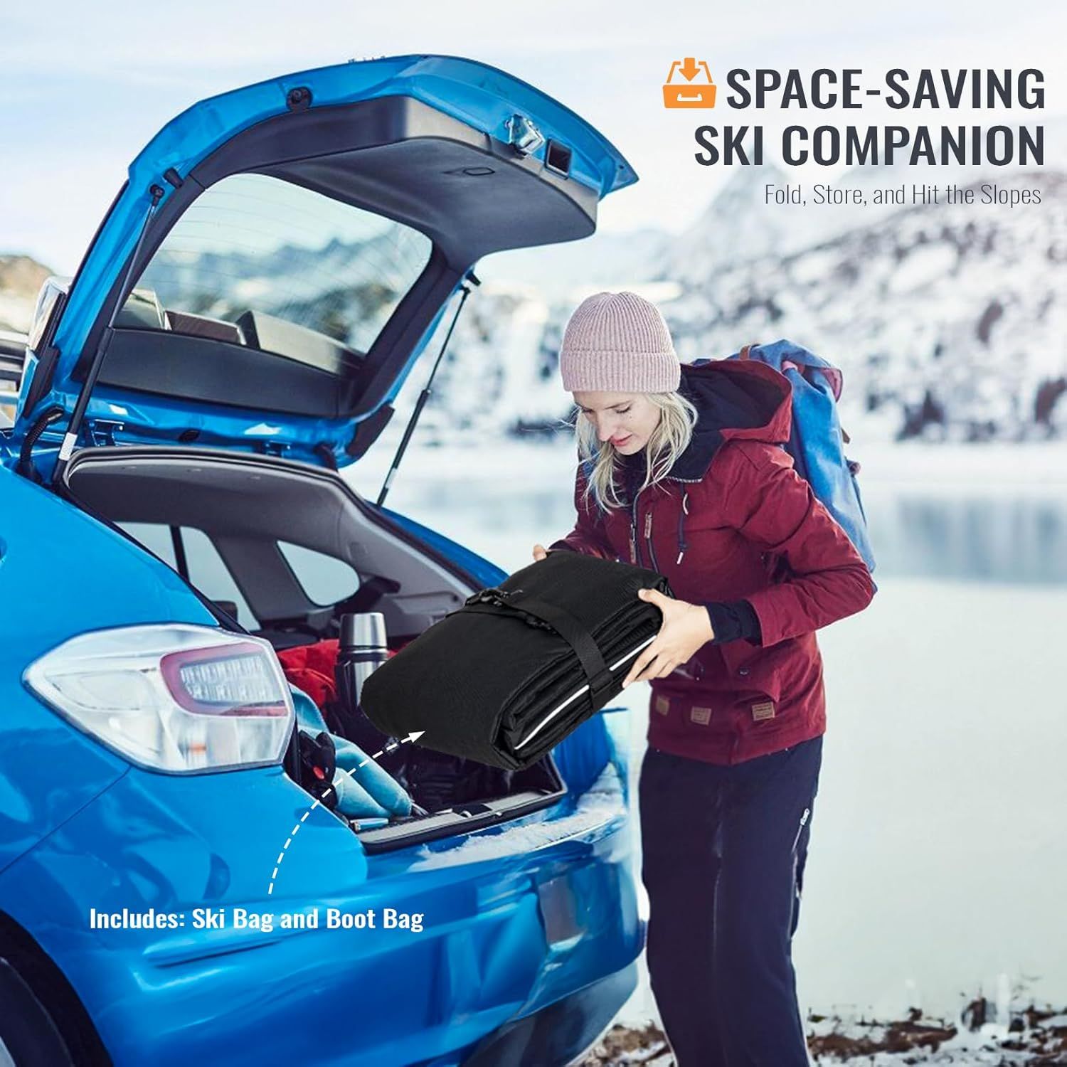 Shows the customer what accessories are included with the product (ski bag and boot bag) to demonstrate value and completeness of the ski storage solution. Communicates the primary benefit of…