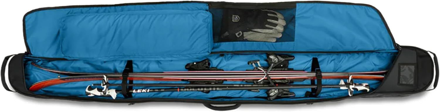 Shows the customer everything that can be stored in the ski bag, including skis, poles, gloves, and bindings, demonstrating the bag's capacity and organizational features.