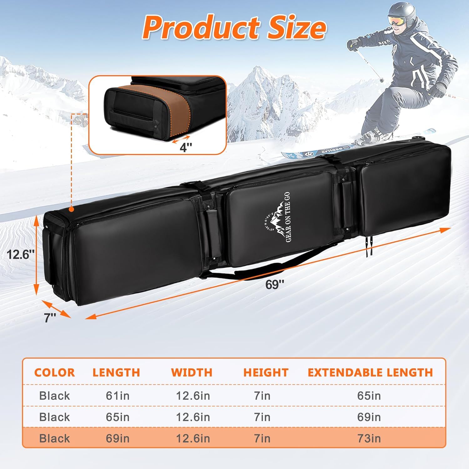 Communicates the exact physical dimensions of the ski bag in multiple configurations, helping shoppers understand the size and ensure it fits their equipment and storage needs. Shows the different…