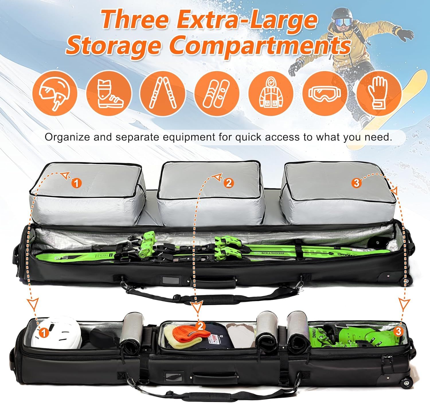 Demonstrates the product's multiple storage compartments and organizational capability, showing how users can separate and organize different types of ski/snowboard equipment for quick access.