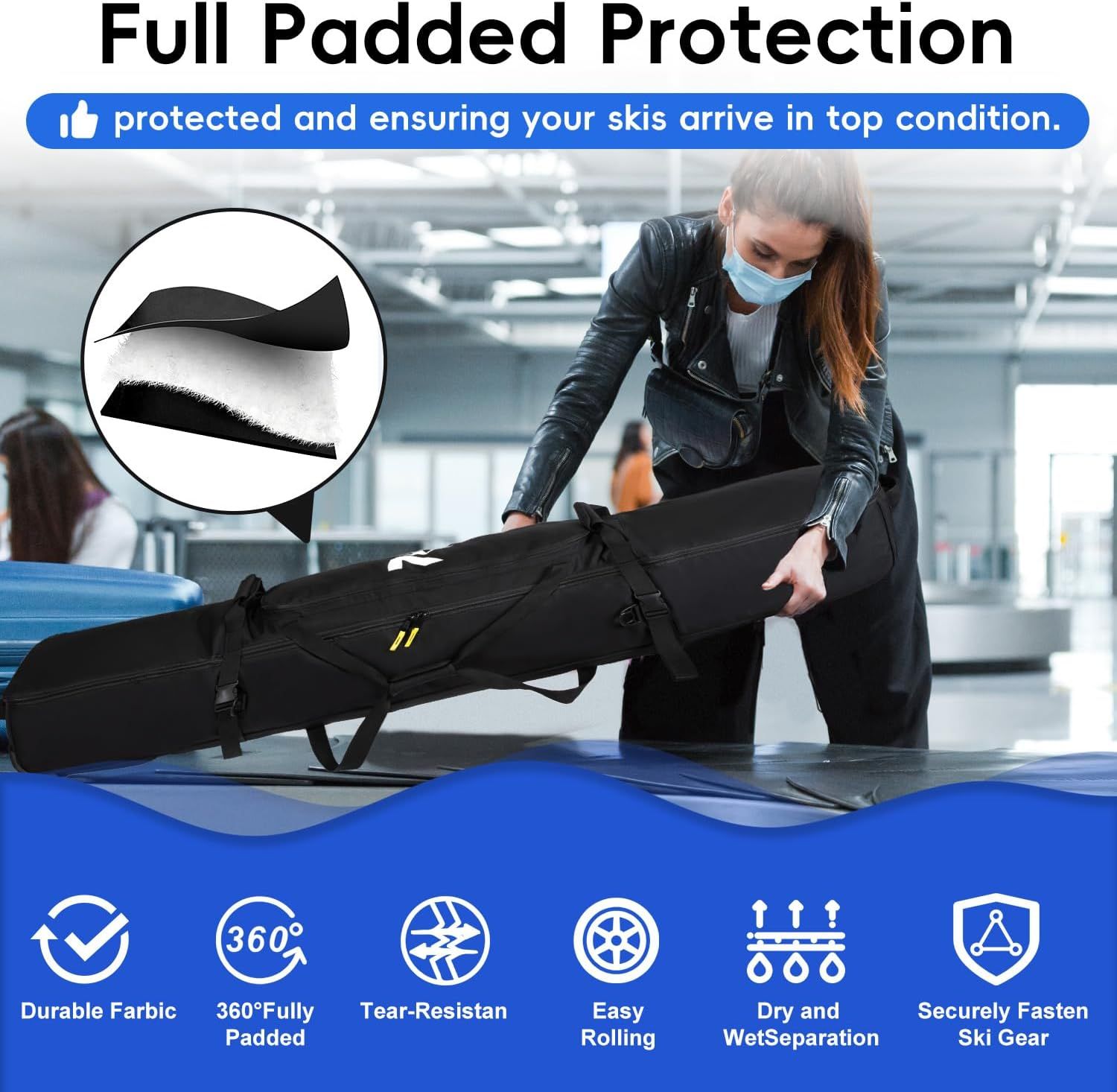 Communicates multiple protective and functional benefits of the ski bag to reassure shoppers that their equipment will be safe and the bag is easy to use during travel.