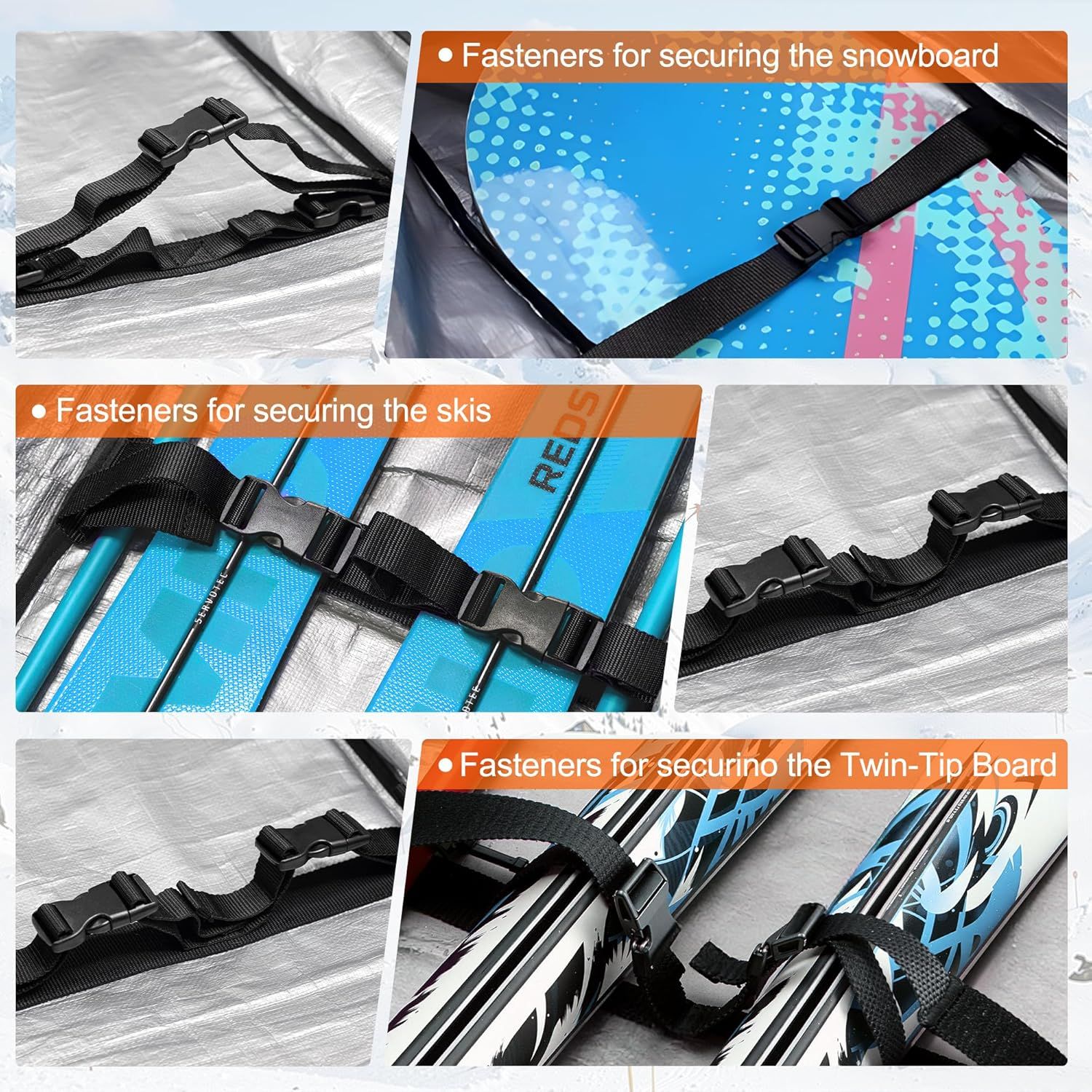 Demonstrates the versatility of the fastener straps by showing three distinct applications for securing different types of winter sports equipment.