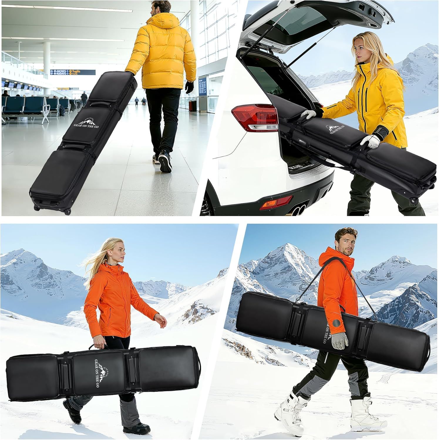Demonstrates the versatility of the ski bag by showing it in multiple real-world scenarios—traveling through an airport, loading into a car, and carrying on snowy mountains—to reassure shoppers it…