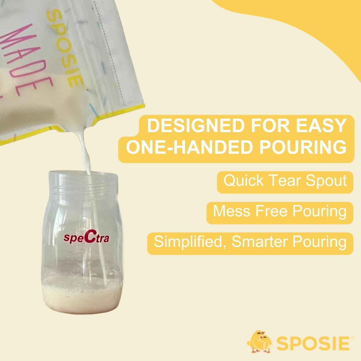 Communicates multiple convenience benefits of the pouring spout design, emphasizing ease of use, cleanliness, and simplified handling for parents preparing baby formula or similar products.