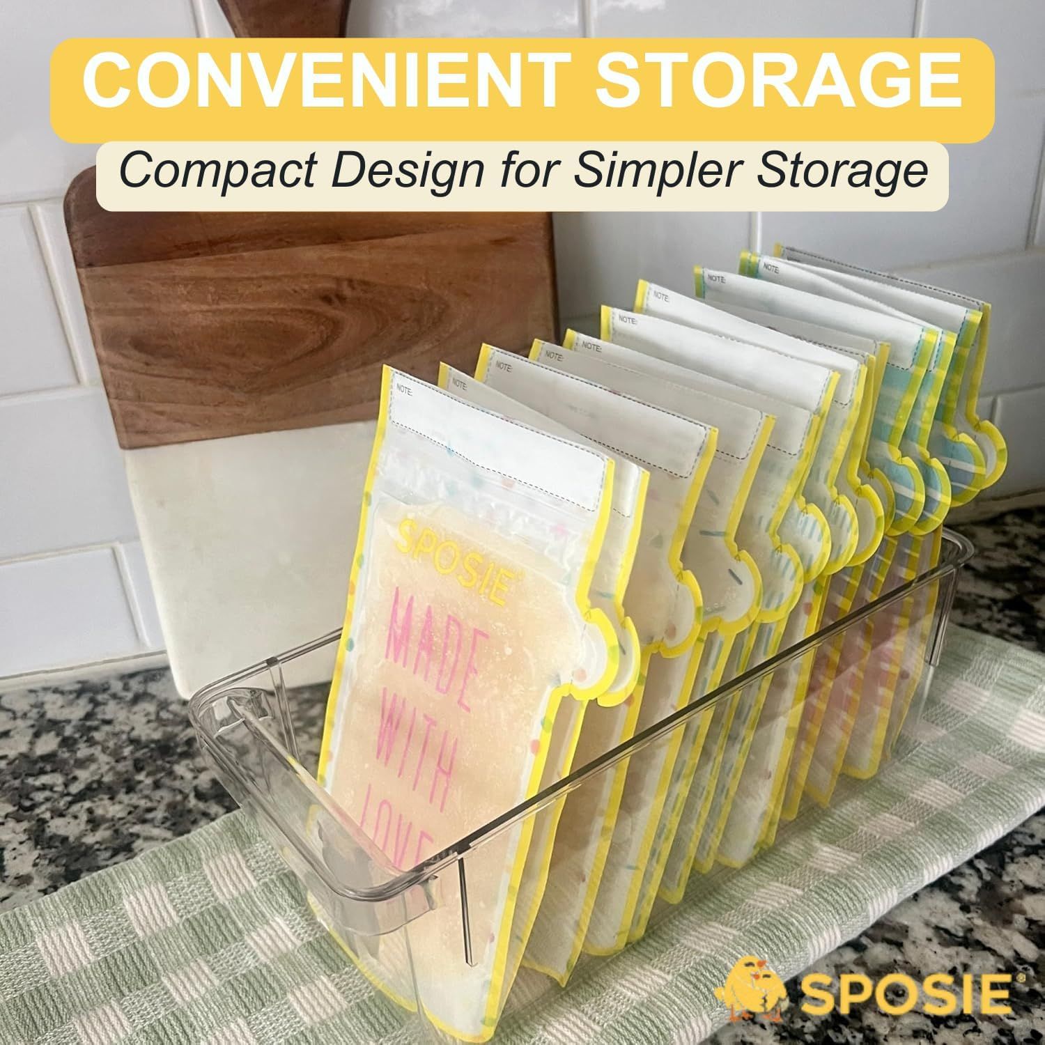 Demonstrates the product's space-saving compact design that allows for organized, convenient storage of multiple bags in a small footprint.