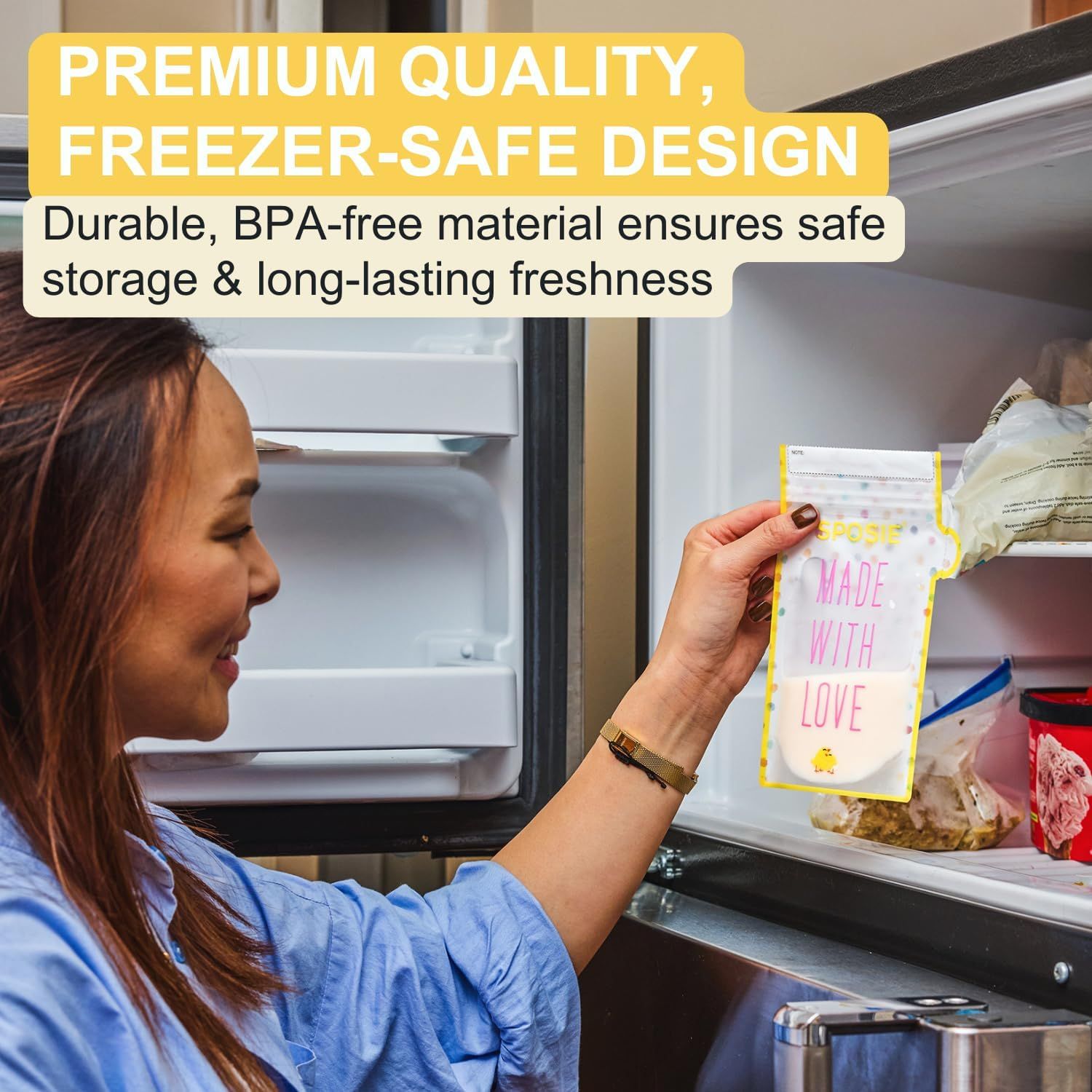 Reassures shoppers that the product is made from safe, BPA-free materials suitable for freezer storage, emphasizing health-conscious design and durability. Communicates the product's premium quality…