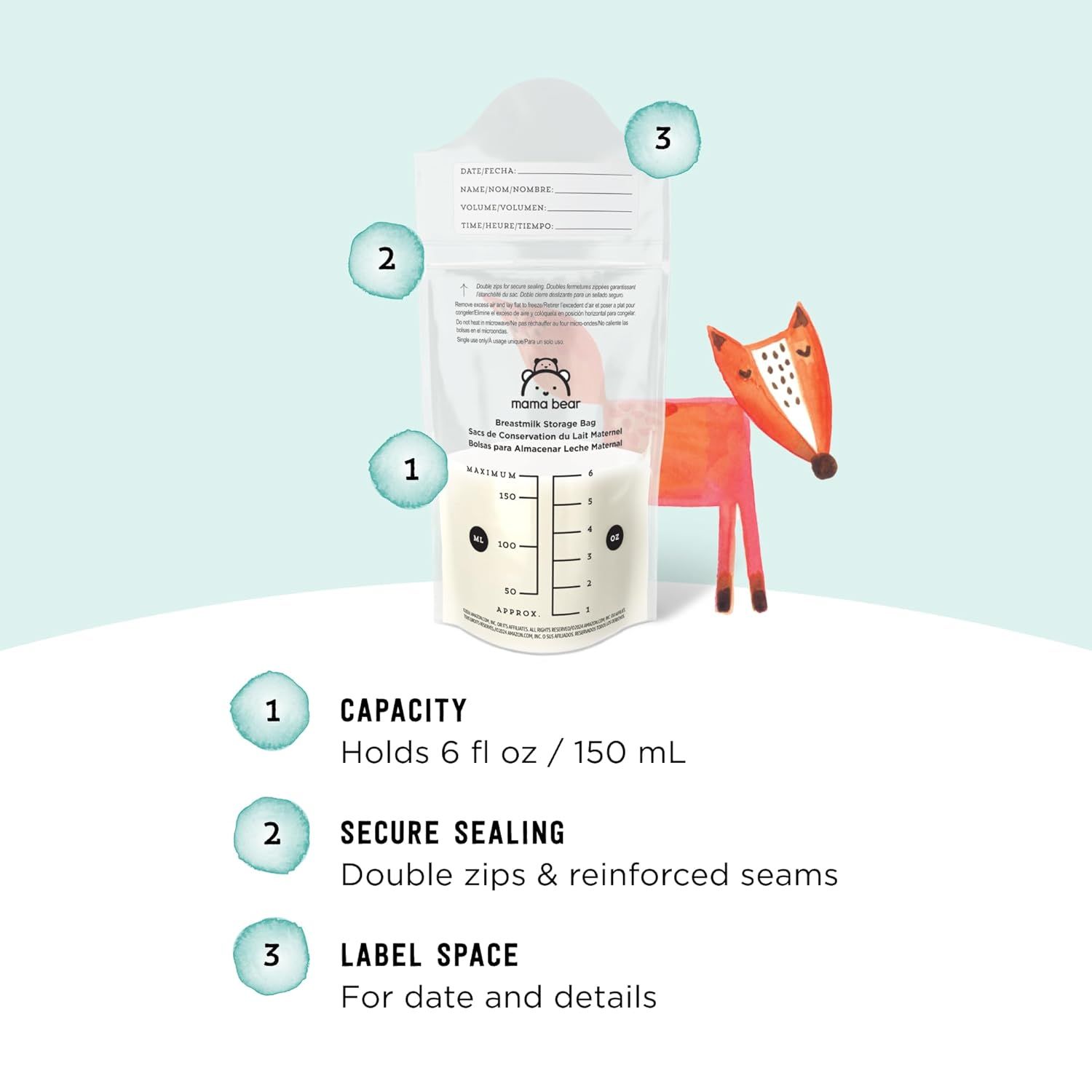 This image breaks down the breastmilk storage bag by highlighting three key physical features: capacity measurement markings, double-zip secure sealing, and label space for tracking details. It…