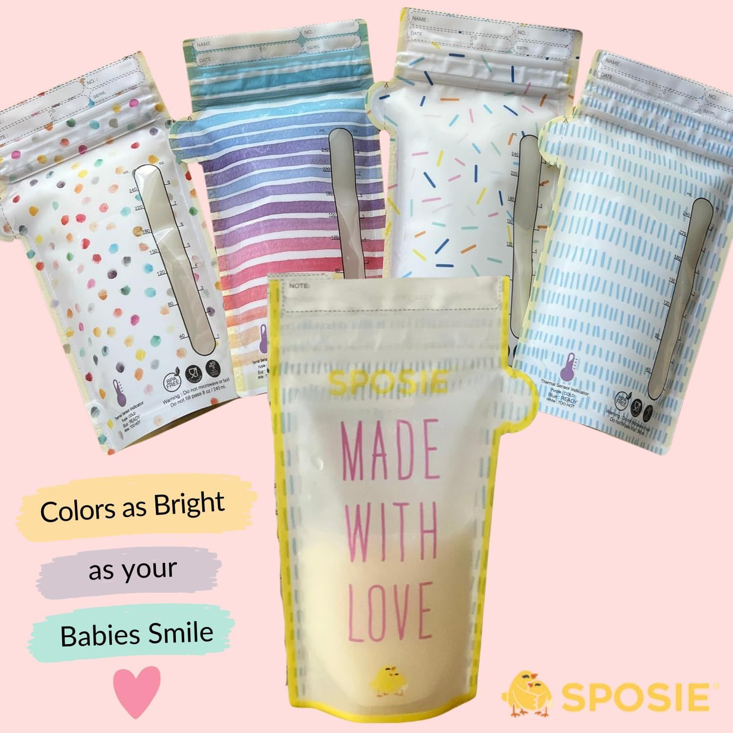 Showcases the brand's product portfolio of breast milk storage bags in multiple cheerful patterns, reinforcing the emotional brand message 'Made with Love' and 'Colors as Bright as your Babies Smile.'