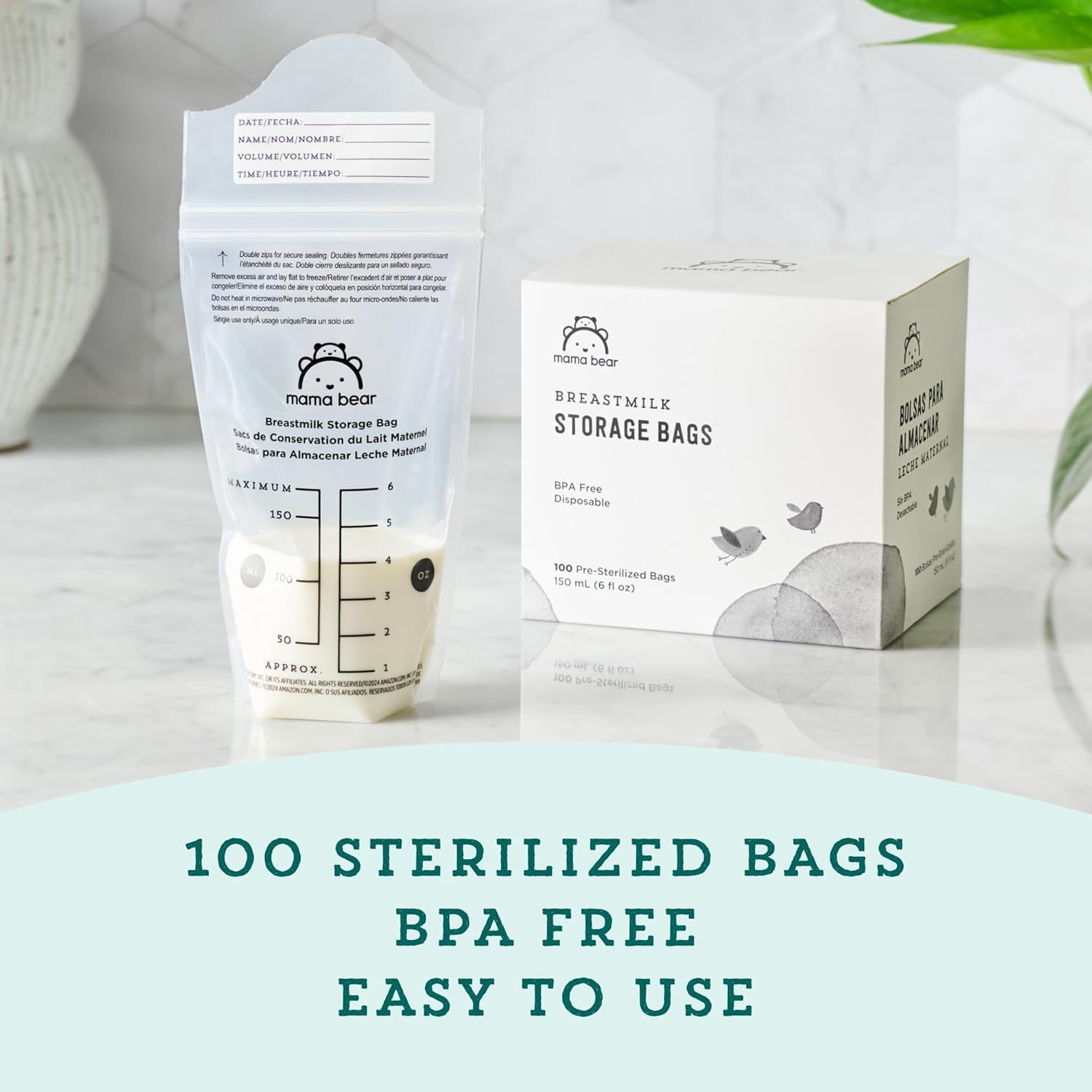 Communicates multiple key benefits of the breastmilk storage bags—quantity, safety, and convenience—to reassure parents about the product's value and safety for storing breastmilk.