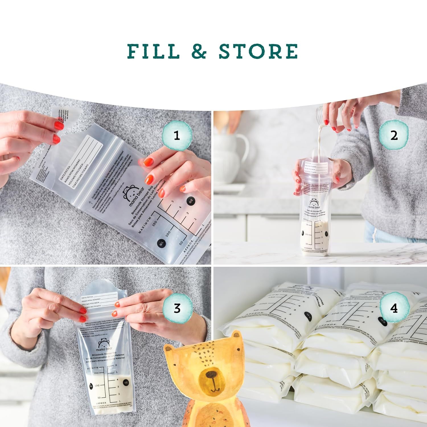 Demonstrates the step-by-step process for filling and storing breast milk bags, reassuring parents about ease of use and proper storage.