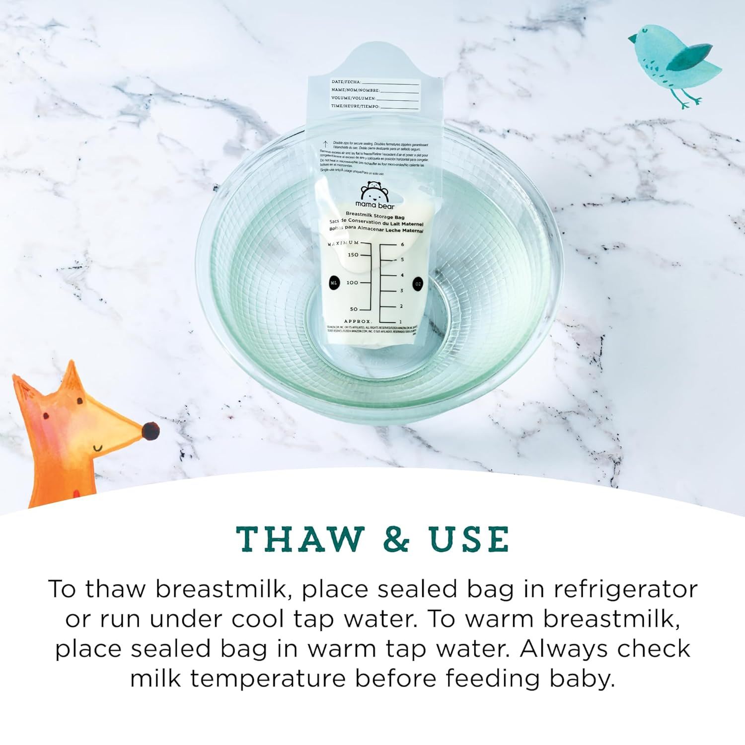 Educates parents on how to properly thaw and warm stored breastmilk using the storage bag, ensuring safe preparation for feeding.