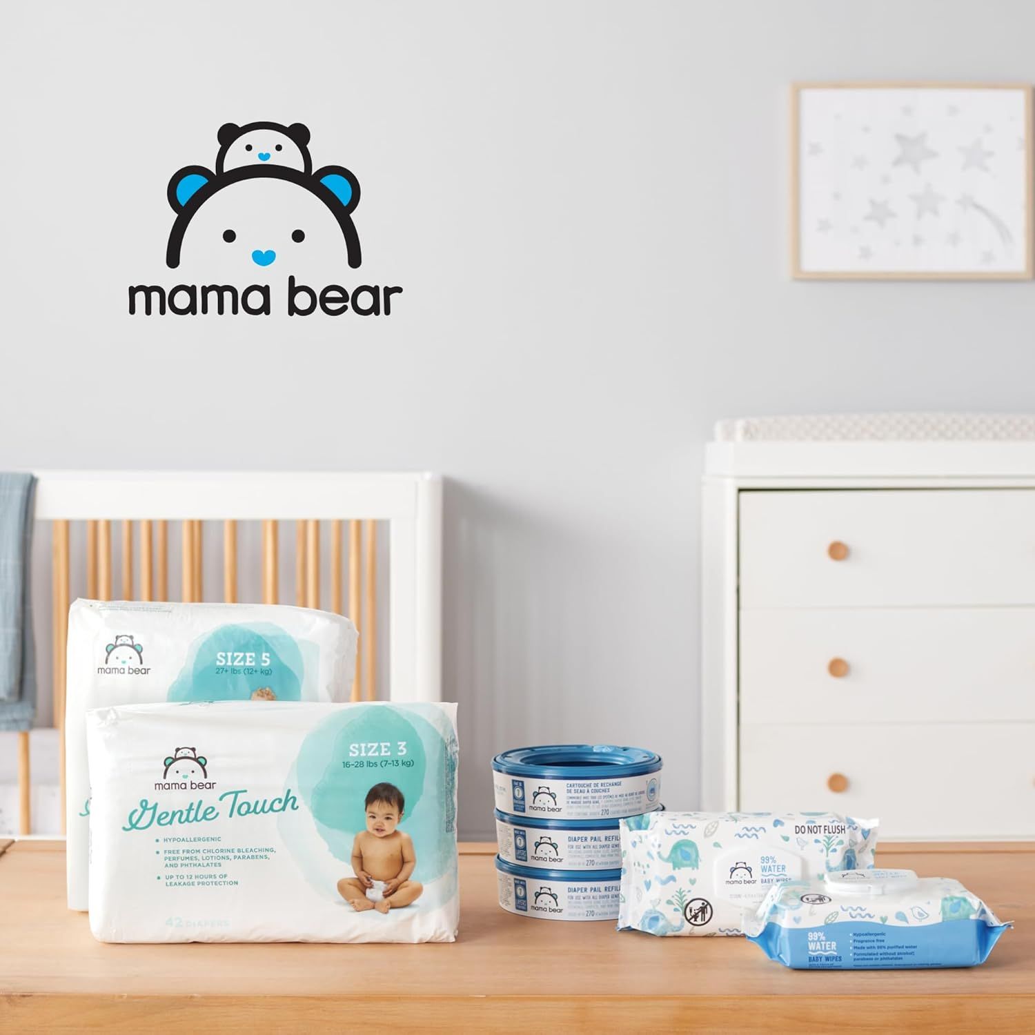 Showcases the Mama Bear brand identity with its logo and displays the full product line including diapers, diaper pail refills, and baby wipes to establish brand recognition and demonstrate the…