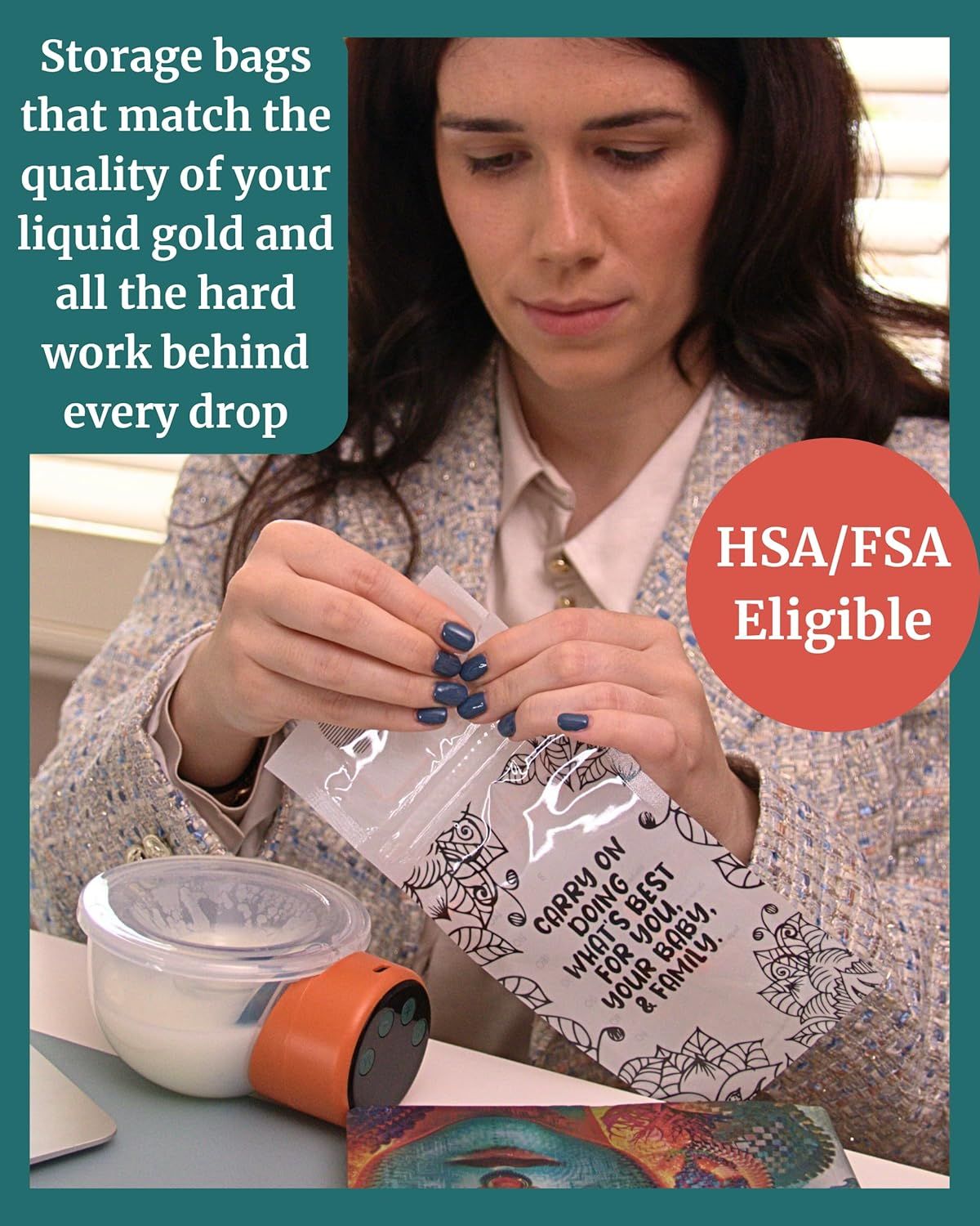 Communicates the high quality of the storage bags and their HSA/FSA eligibility to reassure shoppers about product value and purchasing flexibility.