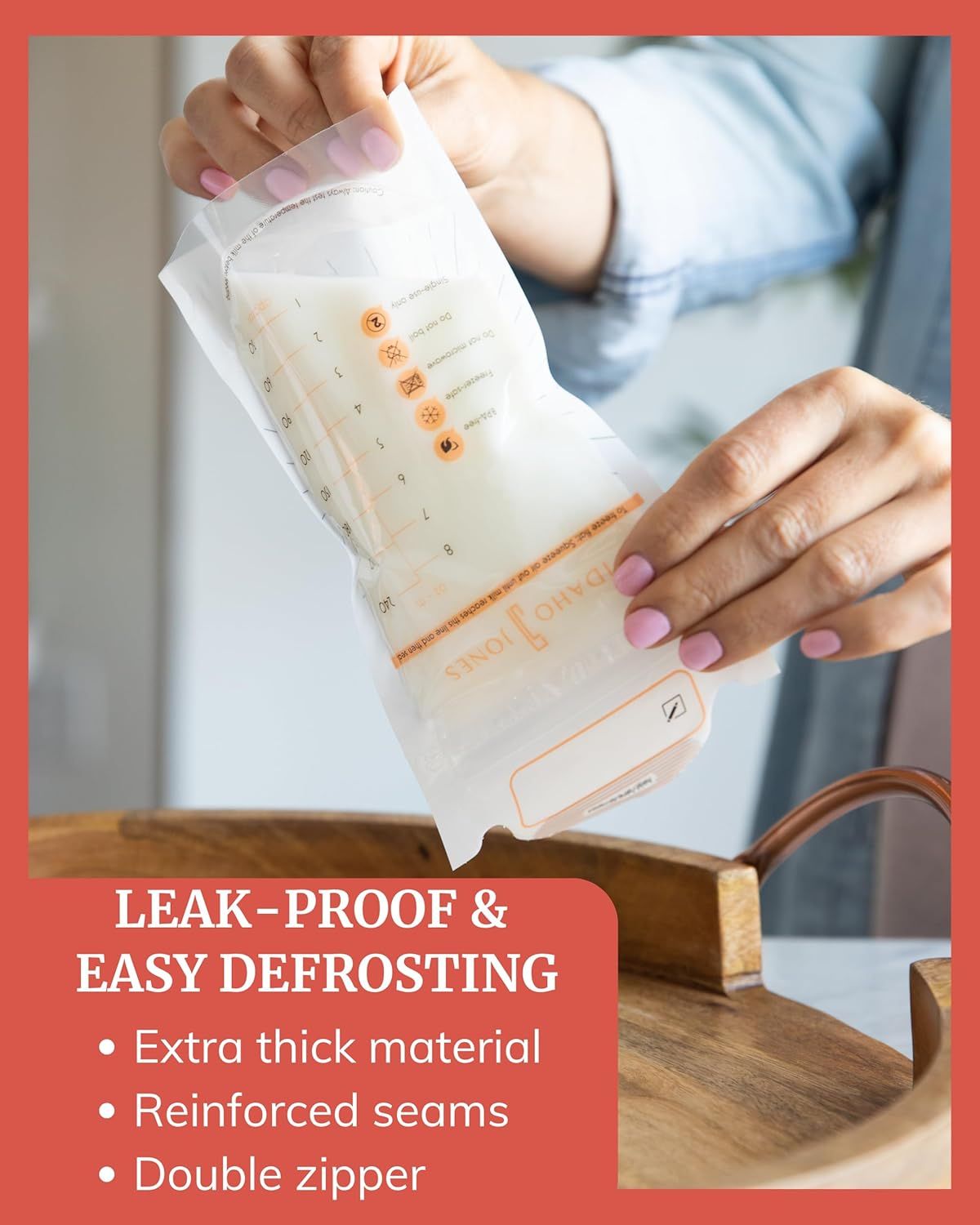 Communicates multiple product benefits in a segmented layout to reassure shoppers that the breast milk storage bags are durable, leak-proof, and convenient for freezing and defrosting.